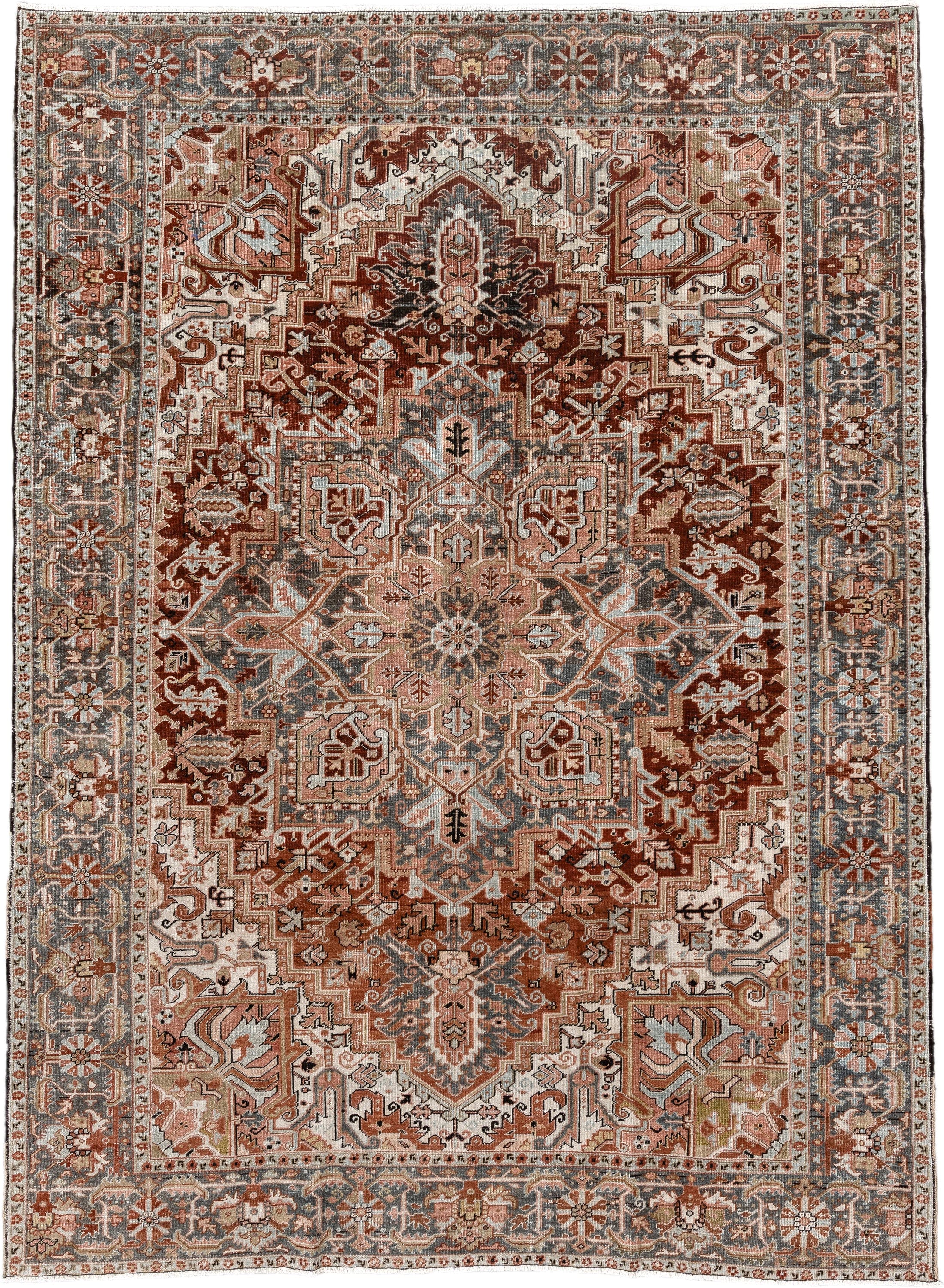8' x 11' one-of-a-kind handmade vintage Heriz large size rug. Color palette: ivory, rust, steel blue, blush, taupe, brown