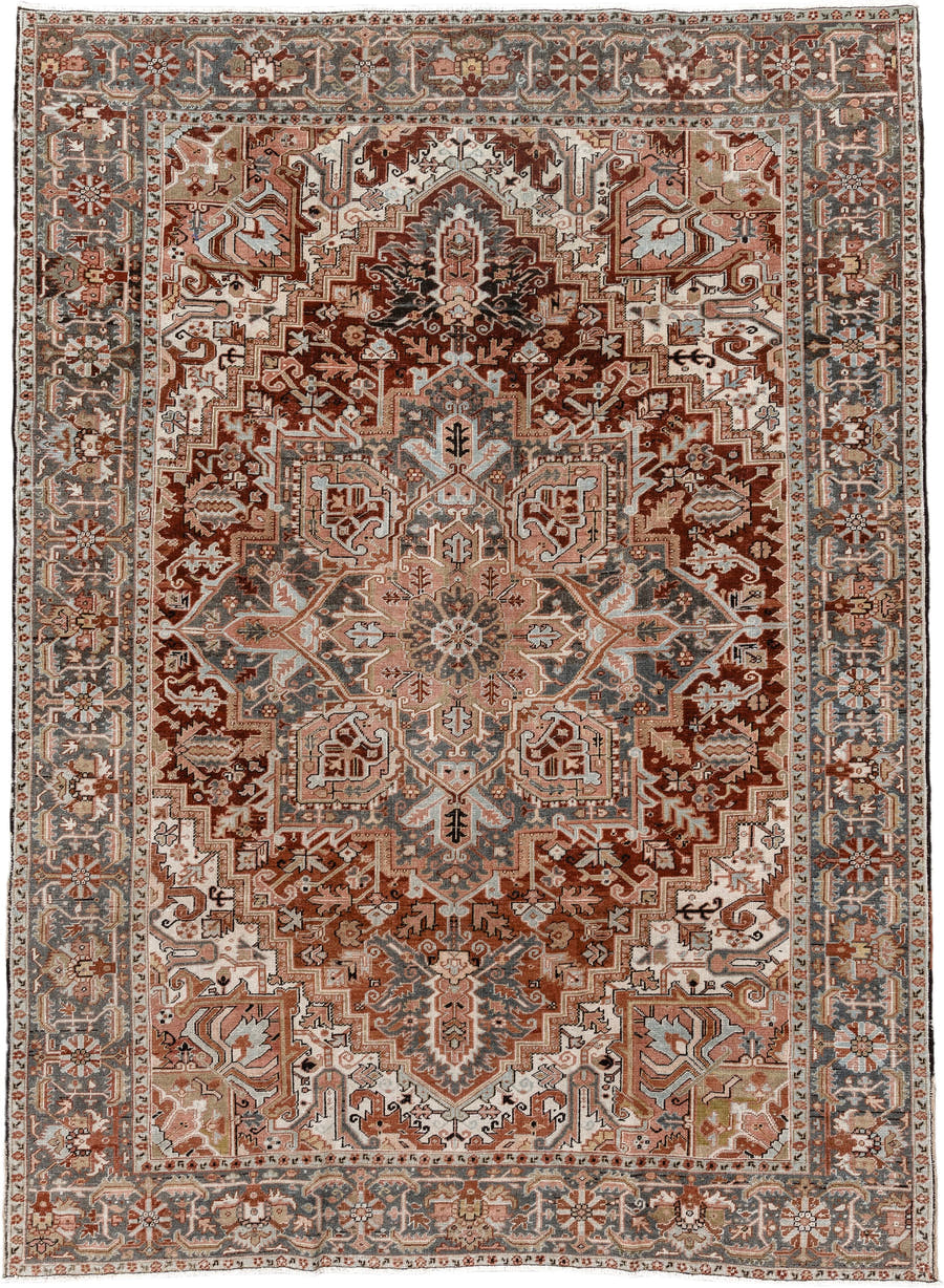 8' x 11' one-of-a-kind handmade vintage Heriz large size rug. Color palette: ivory, rust, steel blue, blush, taupe, brown