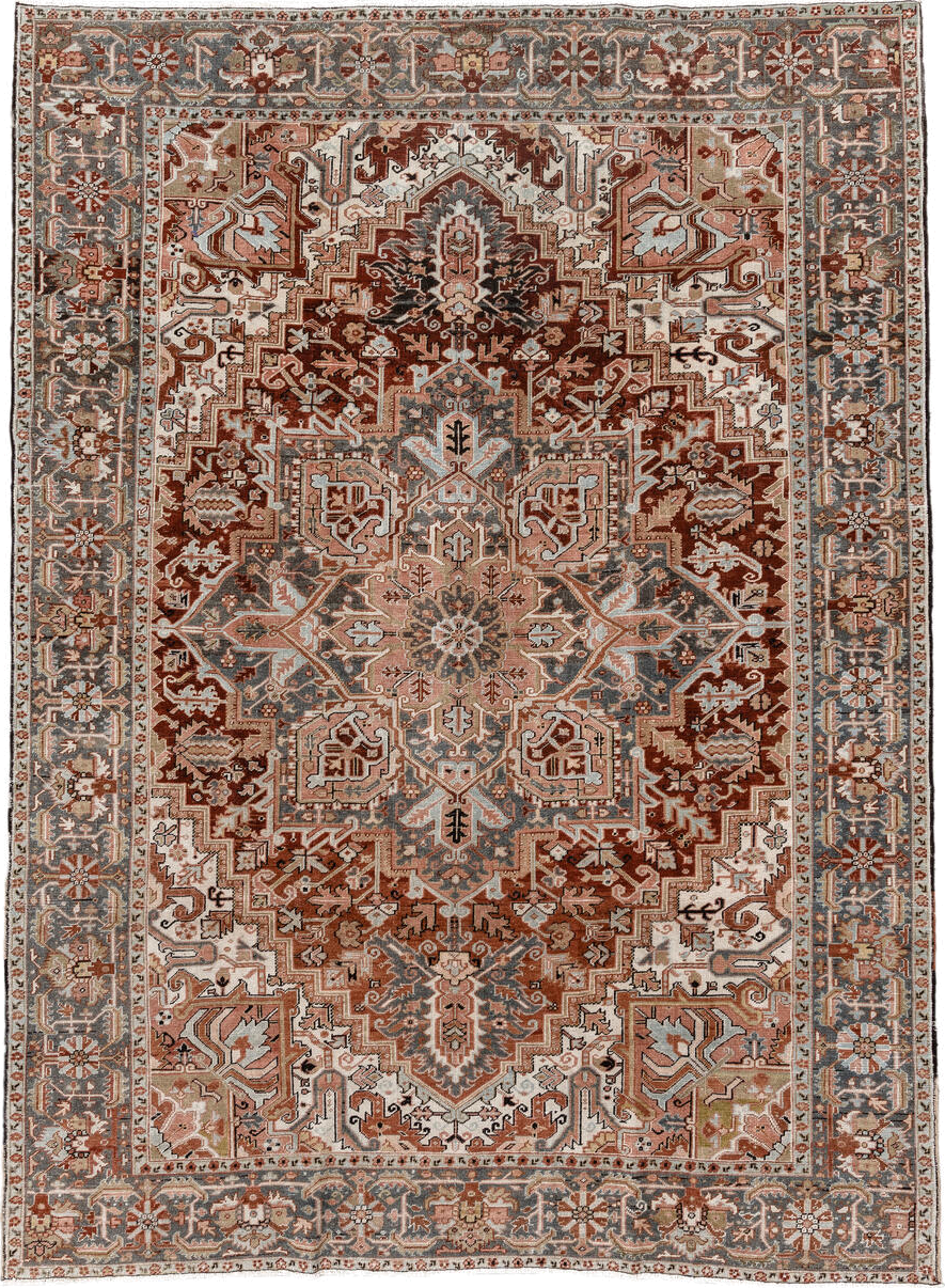 8' x 11' one-of-a-kind handmade vintage Heriz large size rug. Color palette: ivory, rust, steel blue, blush, taupe, brown