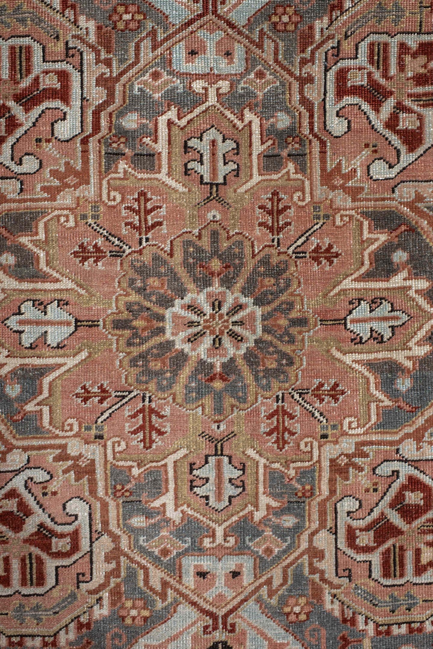8' x 11' one-of-a-kind handmade vintage Heriz large size rug. Color palette: ivory, rust, steel blue, blush, taupe, brown