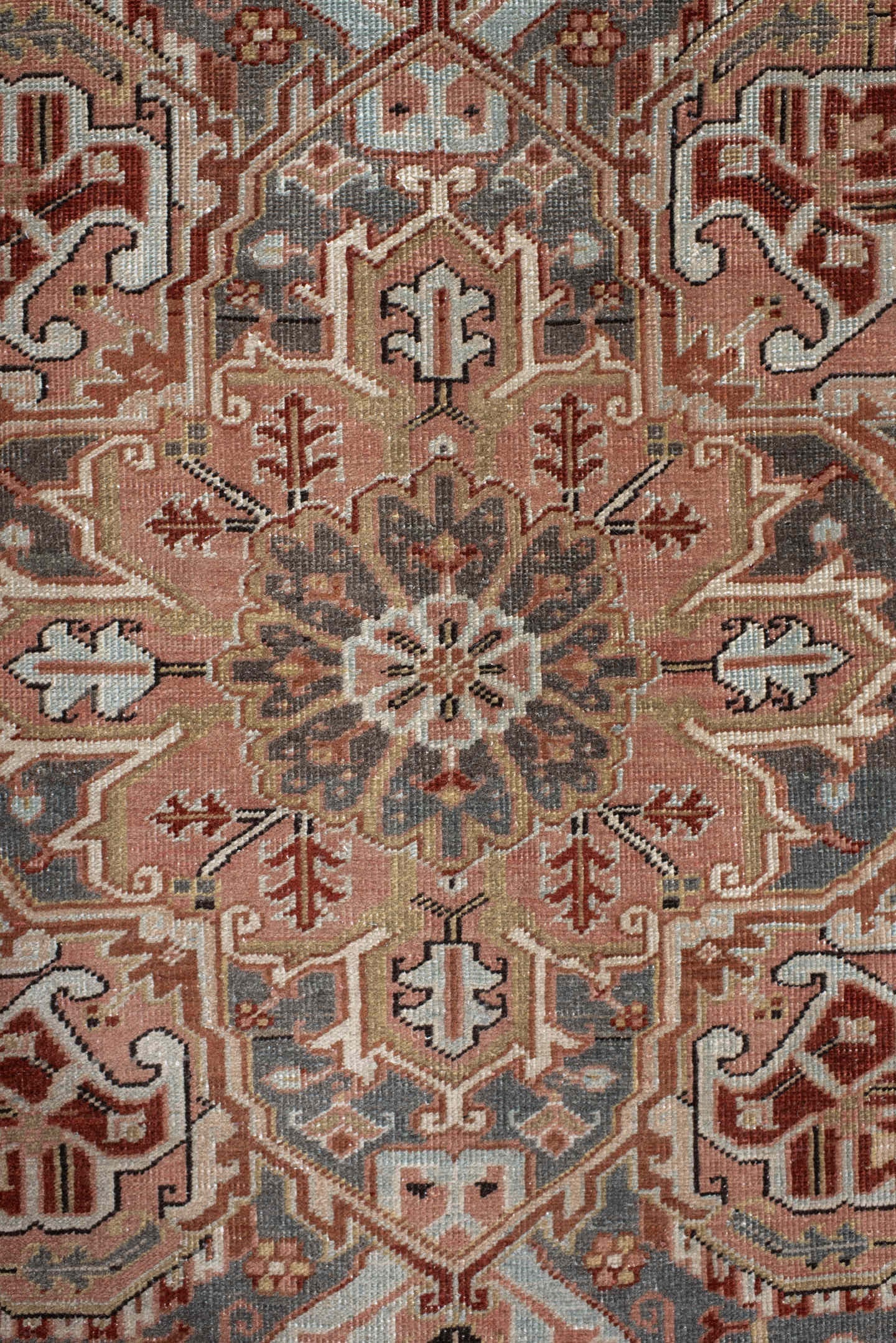 8' x 11' one-of-a-kind handmade vintage Heriz large size rug. Color palette: ivory, rust, steel blue, blush, taupe, brown