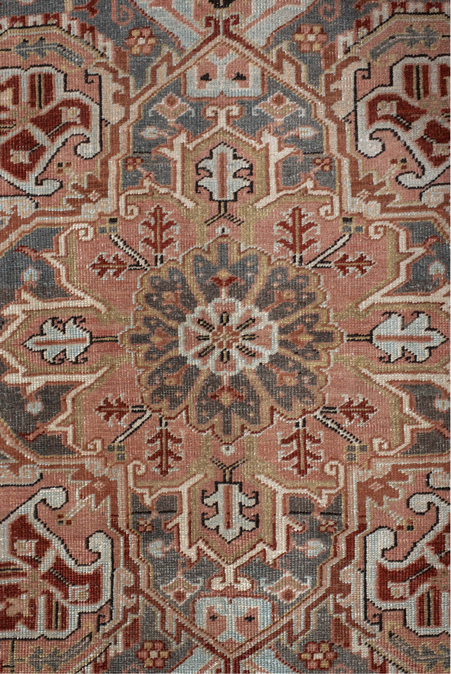 8' x 11' one-of-a-kind handmade vintage Heriz large size rug. Color palette: ivory, rust, steel blue, blush, taupe, brown