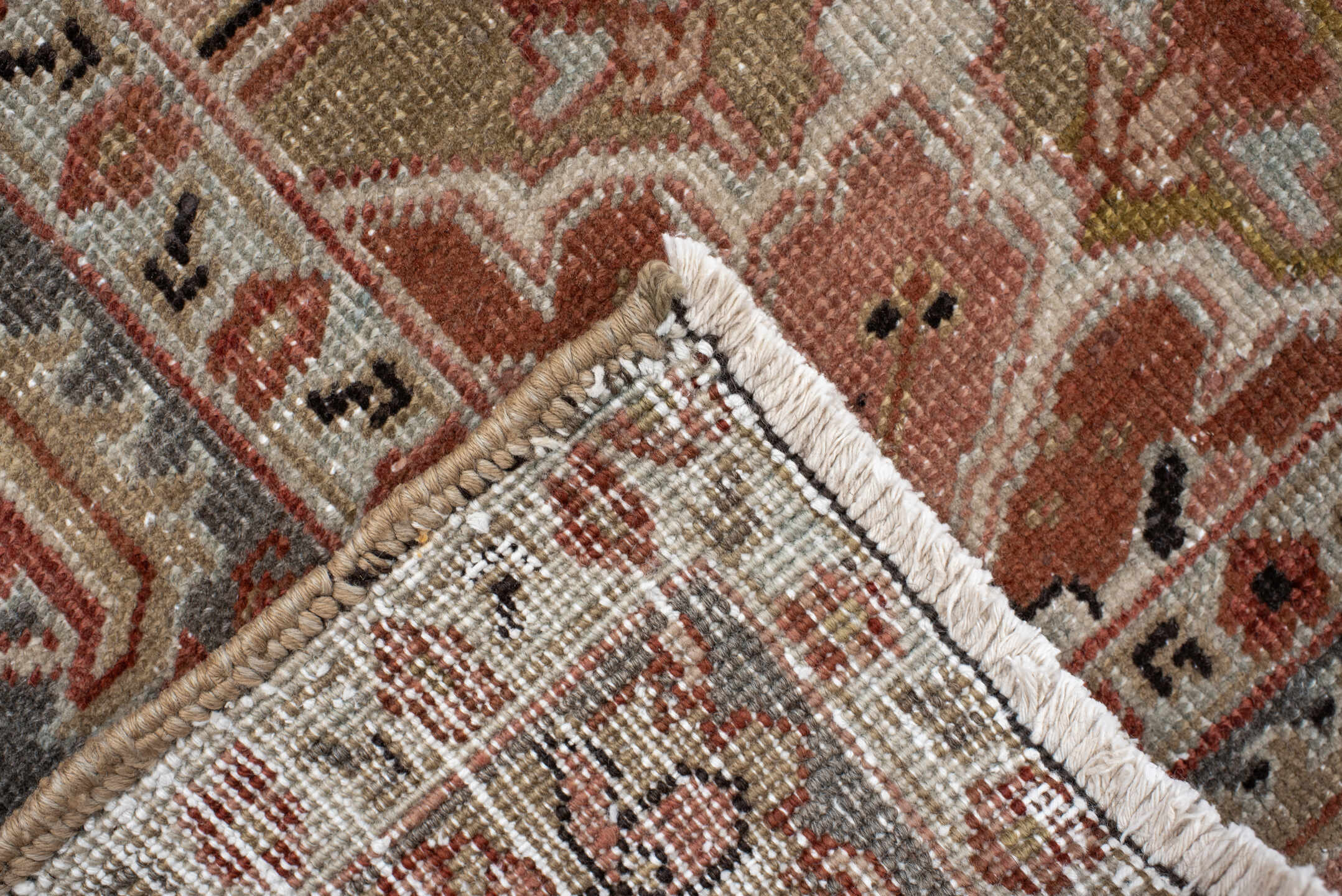 8' x 11' one-of-a-kind handmade vintage Heriz large size rug. Color palette: ivory, rust, steel blue, blush, taupe, brown