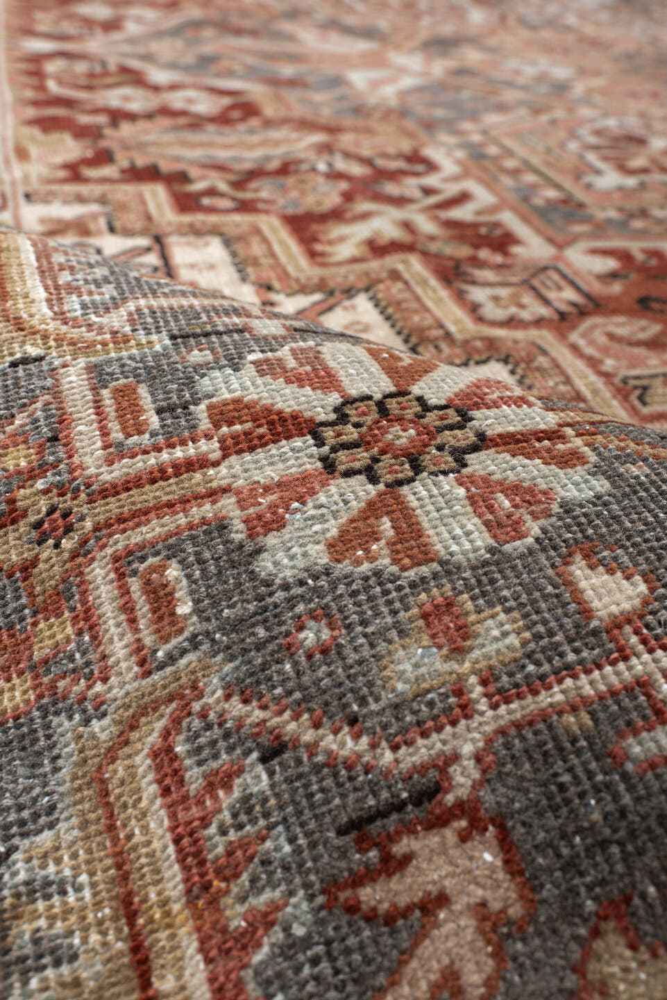 8' x 11' one-of-a-kind handmade vintage Heriz large size rug. Color palette: ivory, rust, steel blue, blush, taupe, brown