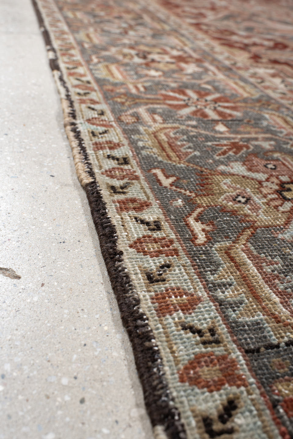 8' x 11' one-of-a-kind handmade vintage Heriz large size rug. Color palette: ivory, rust, steel blue, blush, taupe, brown