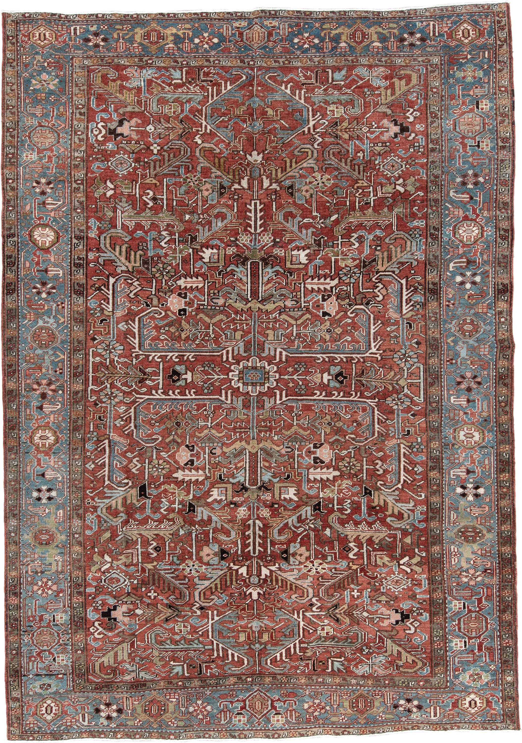 7' x 11' one-of-a-kind handmade antique Heriz large size rug. Color palette: rust, sky blue, ivory, taupe, charcoal, camel