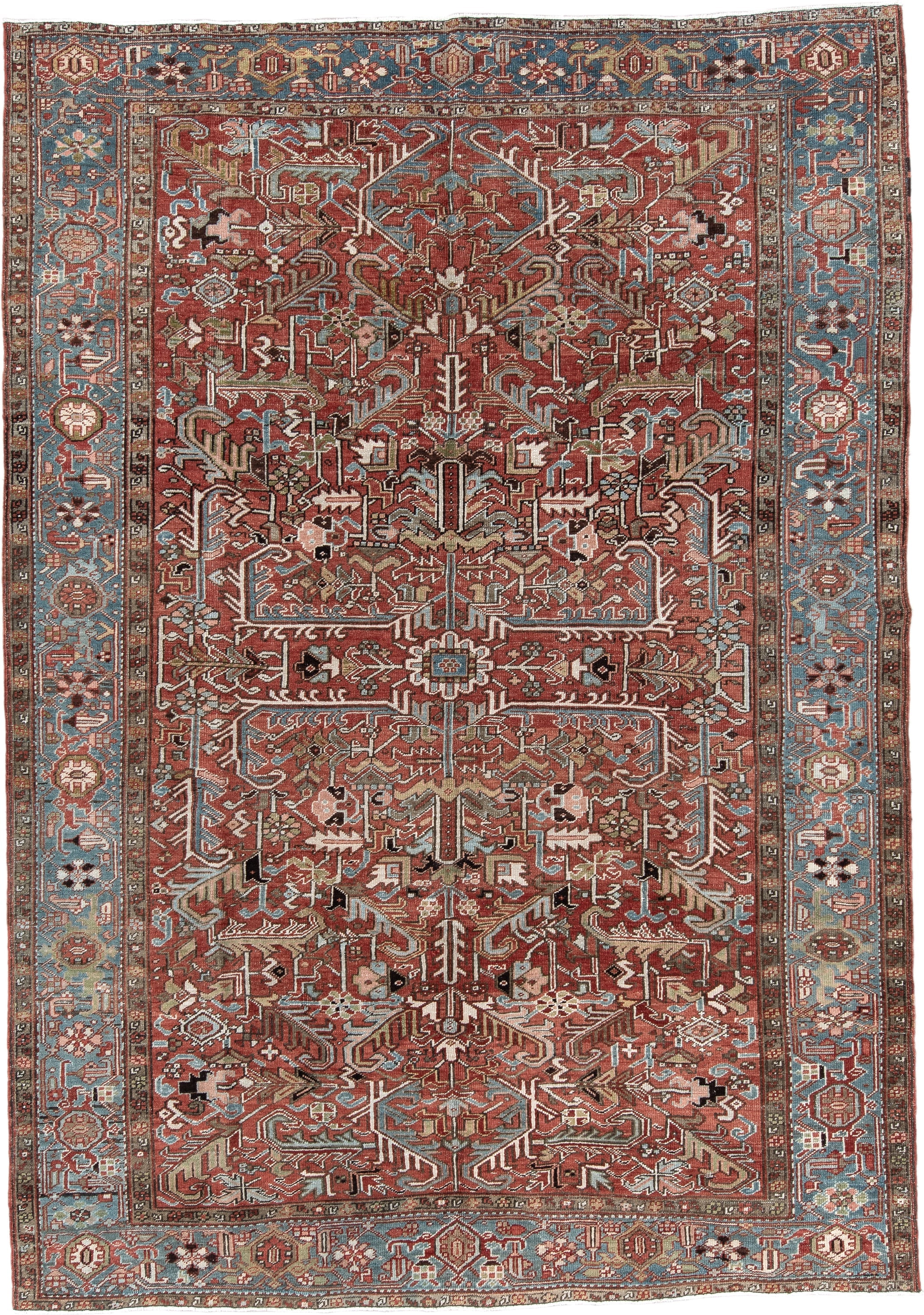7' x 11' one-of-a-kind handmade antique Heriz large size rug. Color palette: rust, sky blue, ivory, taupe, charcoal, camel