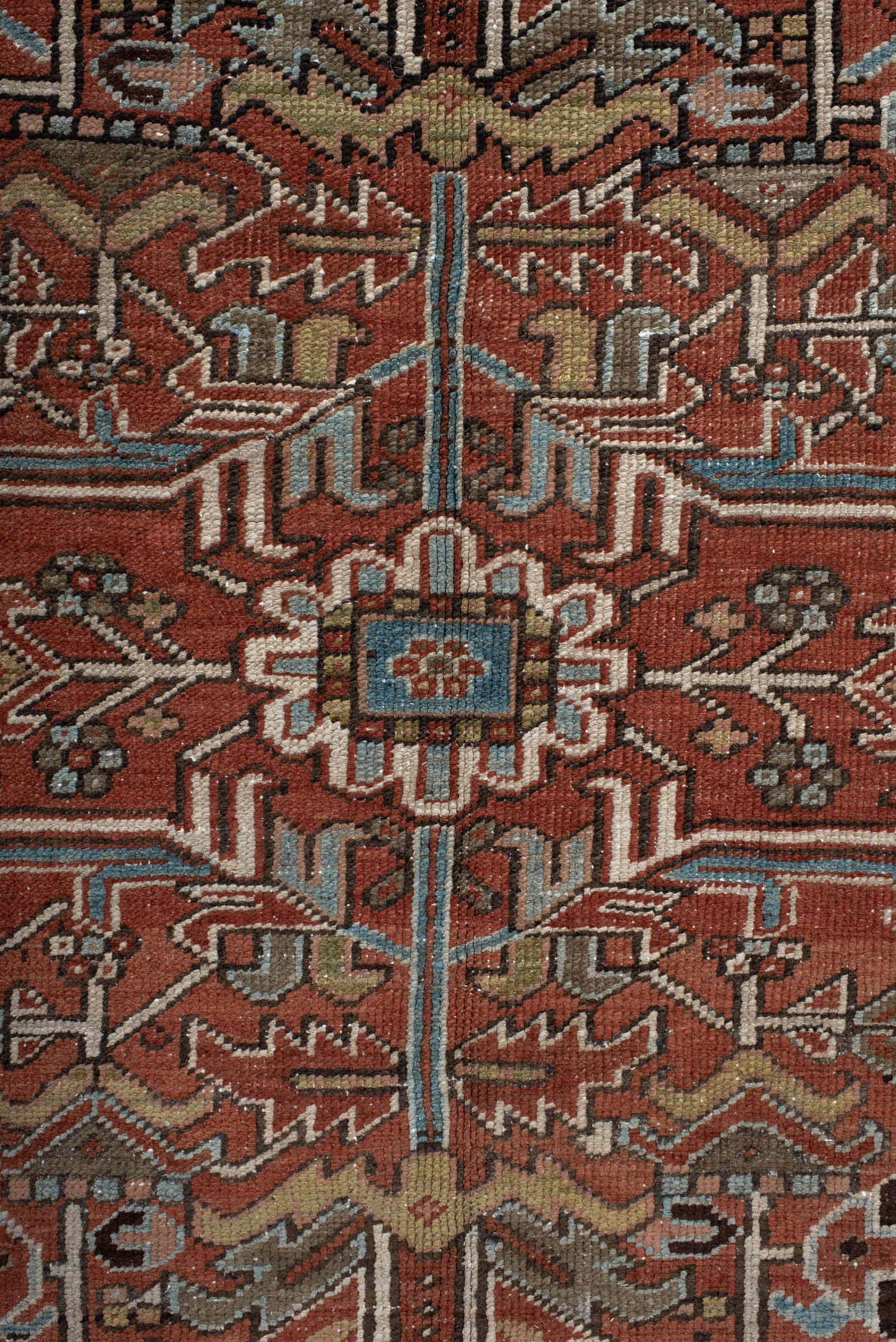 7' x 11' one-of-a-kind handmade antique Heriz large size rug. Color palette: rust, sky blue, ivory, taupe, charcoal, camel