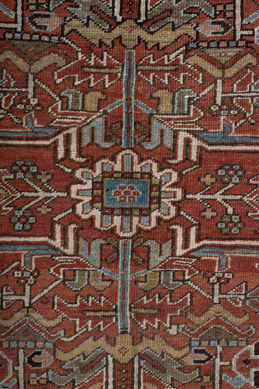 7' x 11' one-of-a-kind handmade antique Heriz large size rug. Color palette: rust, sky blue, ivory, taupe, charcoal, camel