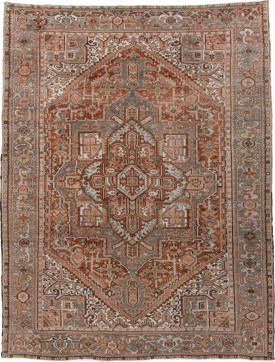 9' x 11' one-of-a-kind handmade vintage Heriz large size rug. Color palette: rust, blue-gray, ivory, coral, taupe, charcoal