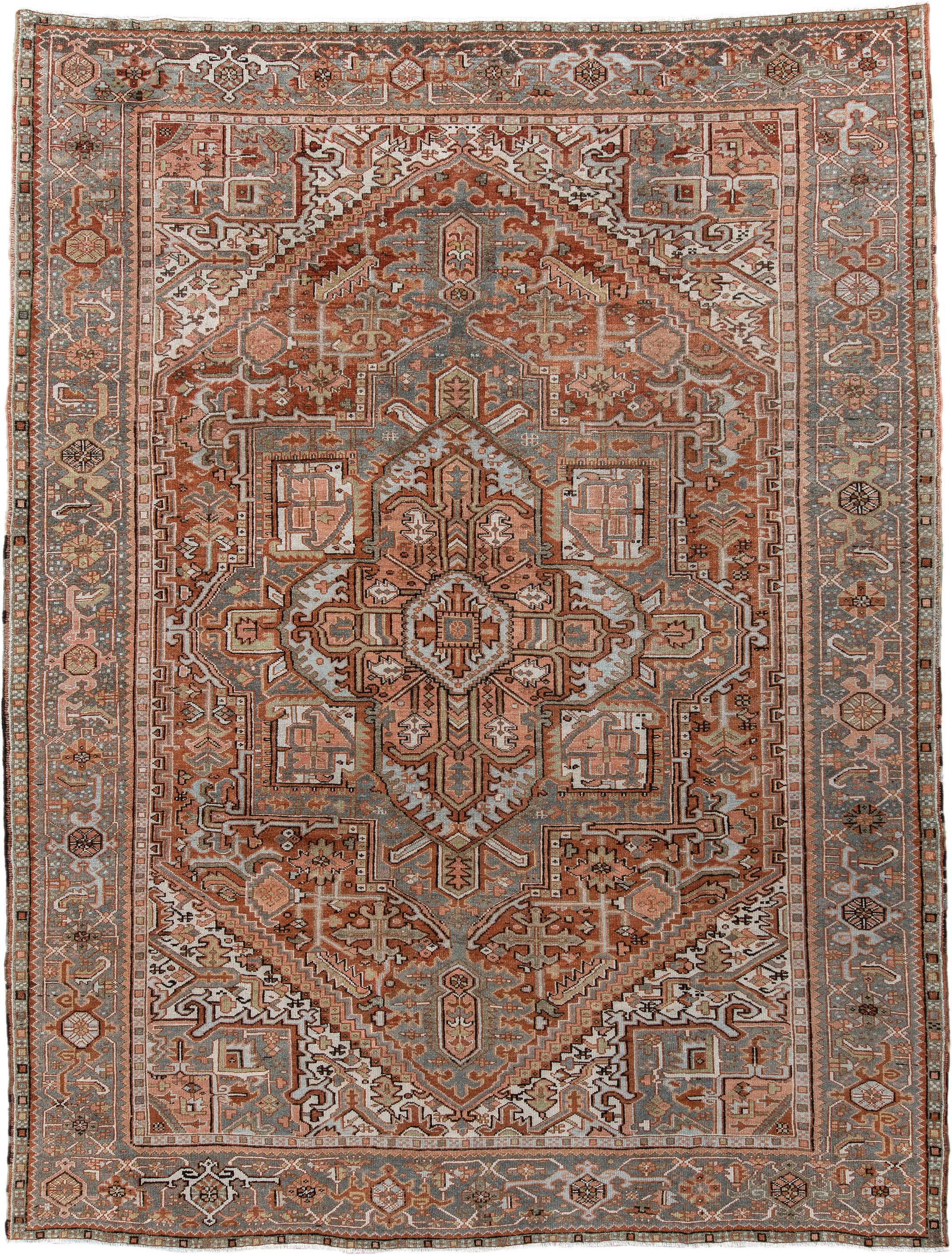 9' x 11' one-of-a-kind handmade vintage Heriz large size rug. Color palette: rust, blue-gray, ivory, coral, taupe, charcoal