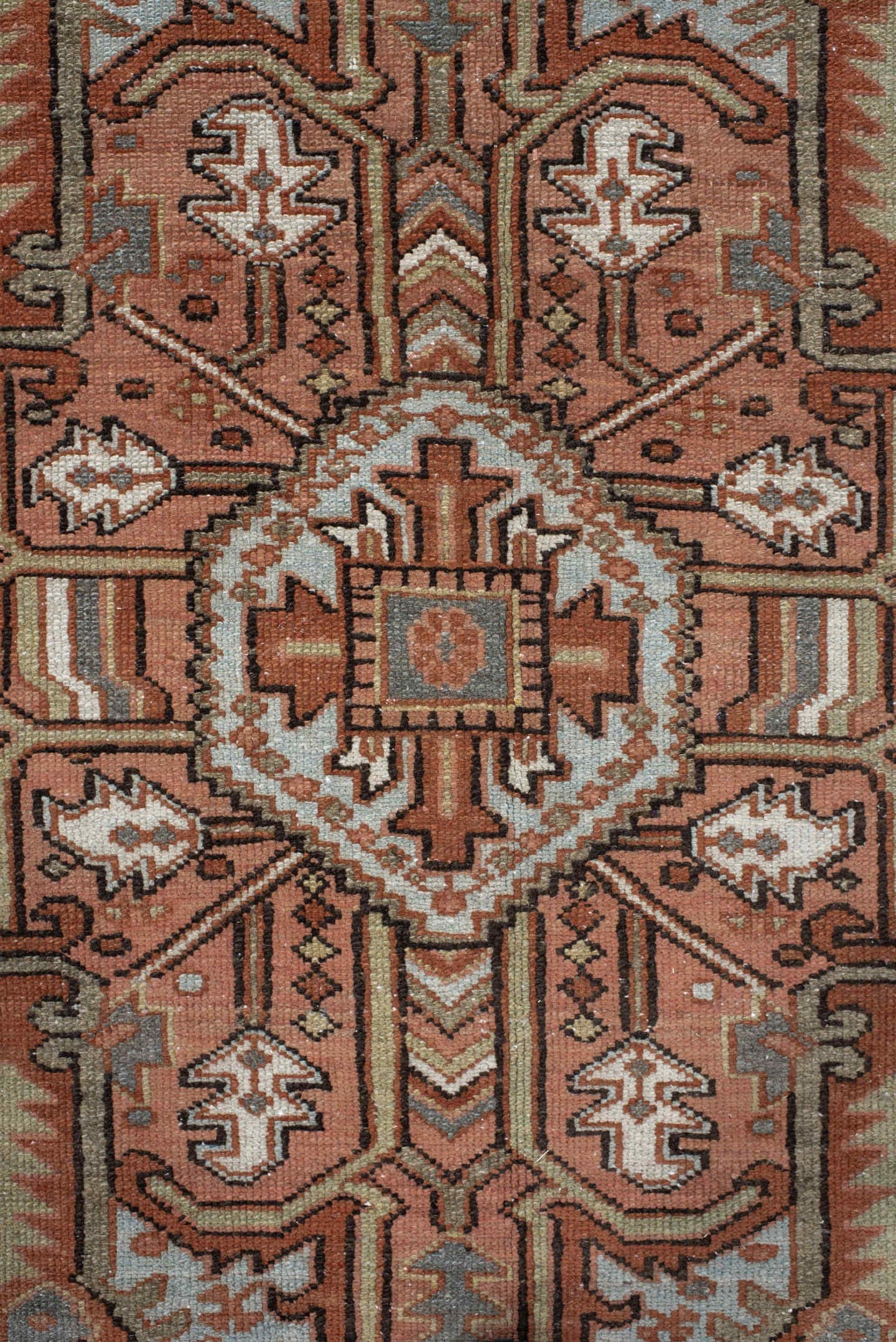 9' x 11' one-of-a-kind handmade vintage Heriz large size rug. Color palette: rust, blue-gray, ivory, coral, taupe, charcoal