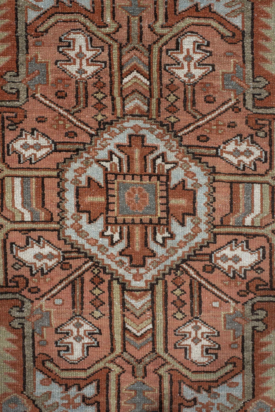 9' x 11' one-of-a-kind handmade vintage Heriz large size rug. Color palette: rust, blue-gray, ivory, coral, taupe, charcoal