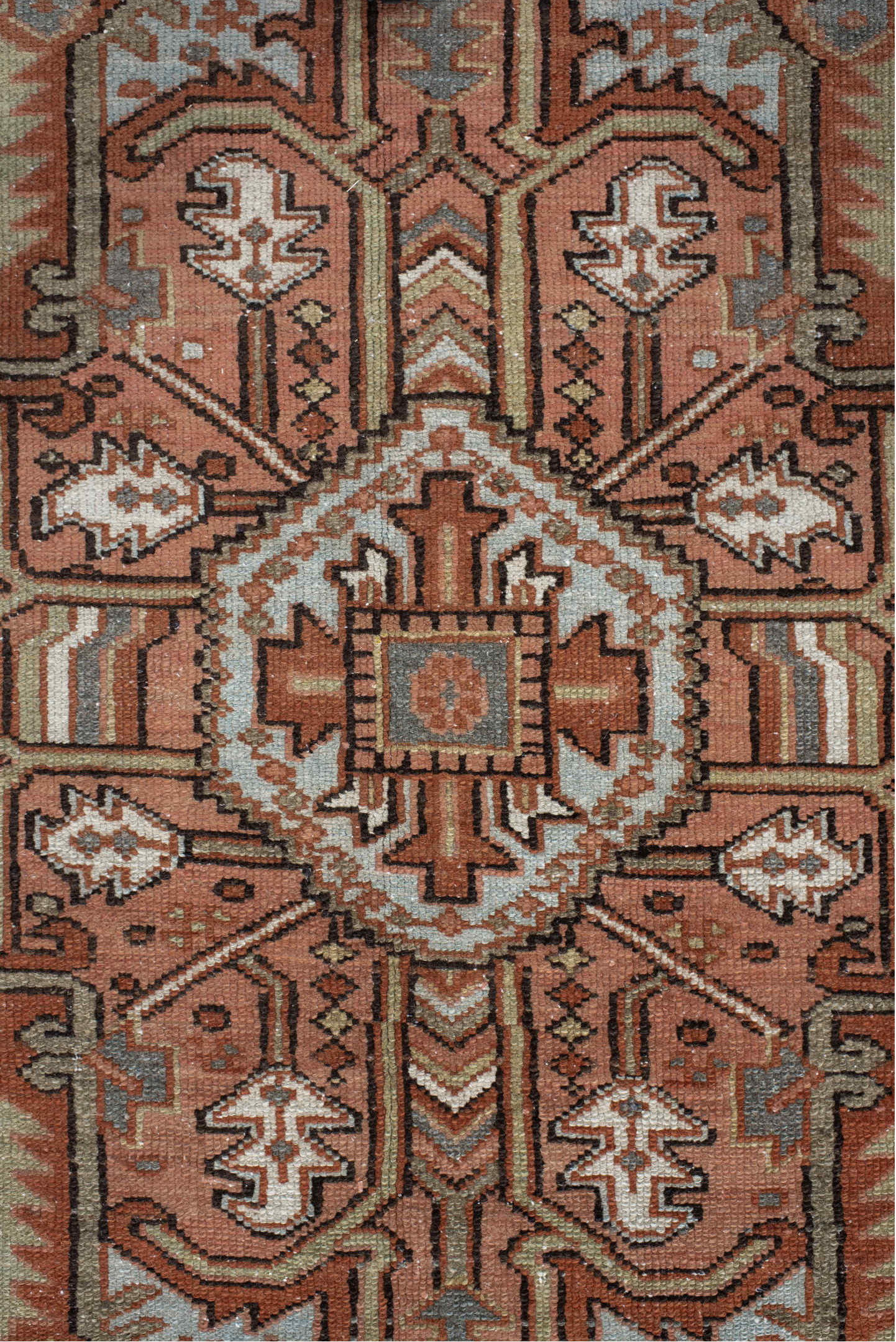 9' x 11' one-of-a-kind handmade vintage Heriz large size rug. Color palette: rust, blue-gray, ivory, coral, taupe, charcoal