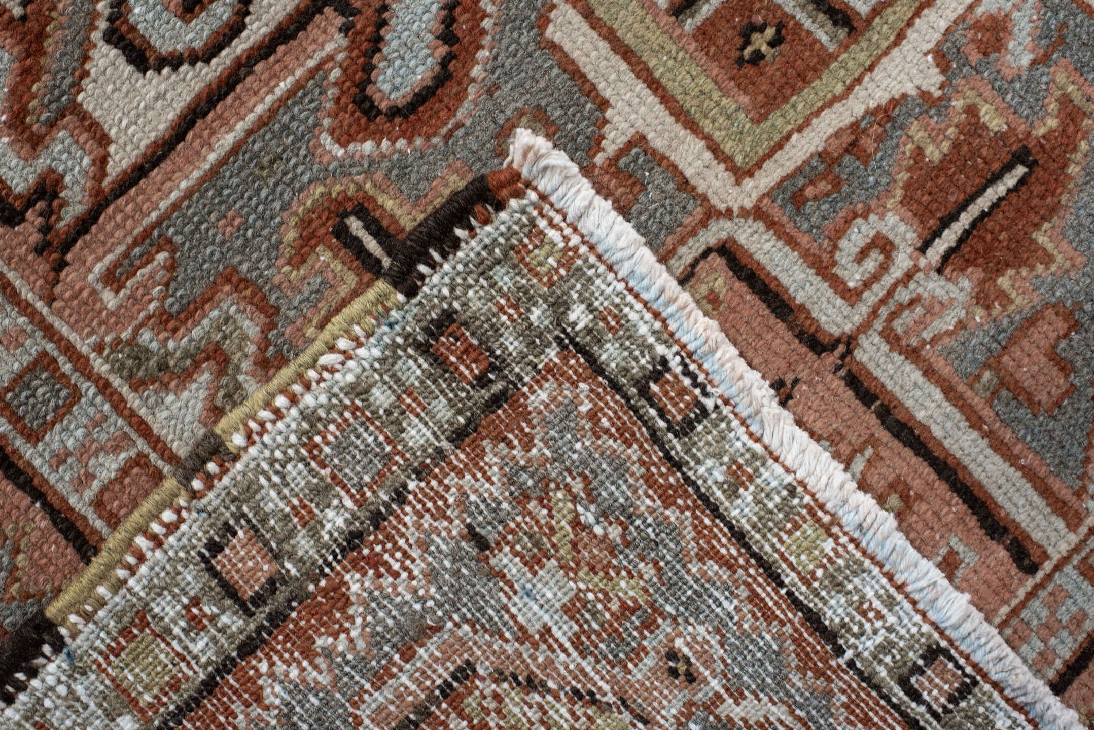 9' x 11' one-of-a-kind handmade vintage Heriz large size rug. Color palette: rust, blue-gray, ivory, coral, taupe, charcoal