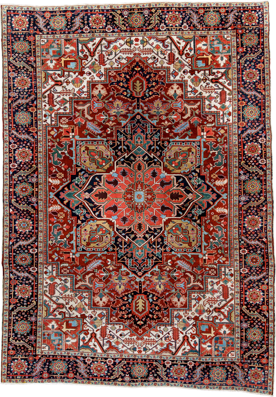 8' x 12' one-of-a-kind handmade vintage Heriz large size rug. Color palette: rust, ivory, navy, sky_blue, coral, sage, camel