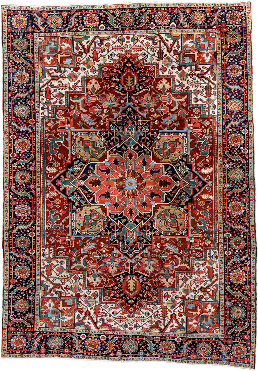 8' x 12' one-of-a-kind handmade vintage Heriz large size rug. Color palette: rust, ivory, navy, sky_blue, coral, sage, camel