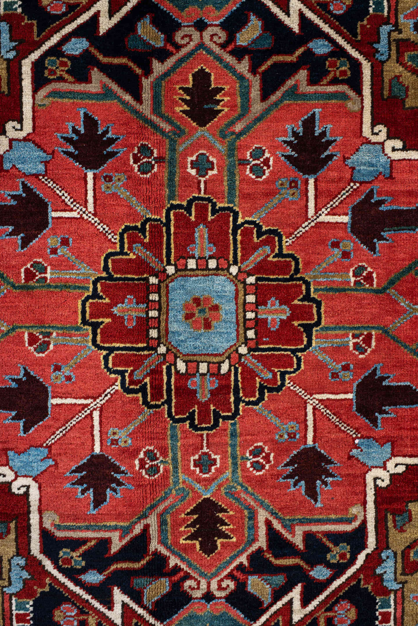 8' x 12' one-of-a-kind handmade vintage Heriz large size rug. Color palette: rust, ivory, navy, sky_blue, coral, sage, camel