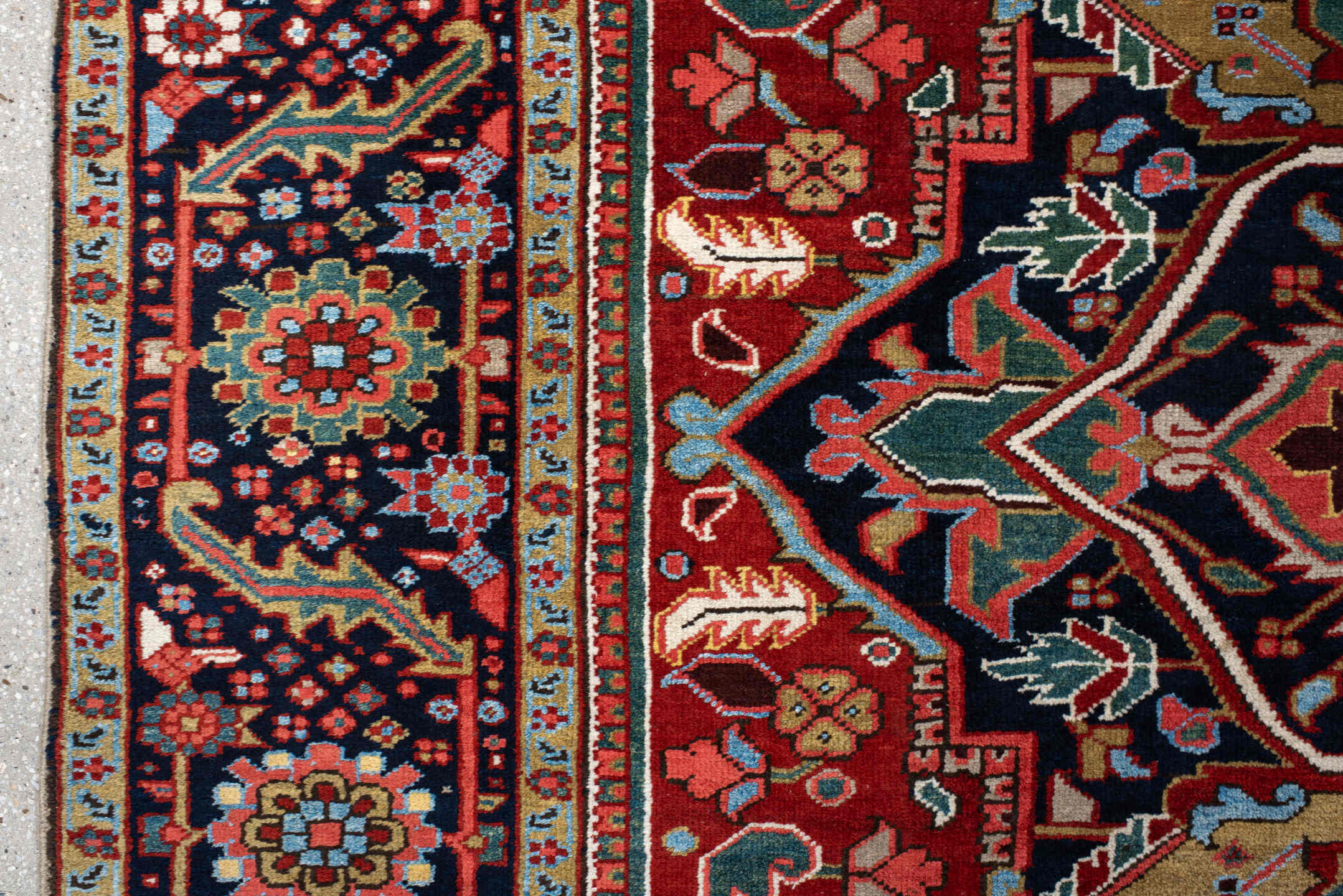 8' x 12' one-of-a-kind handmade vintage Heriz large size rug. Color palette: rust, ivory, navy, sky_blue, coral, sage, camel
