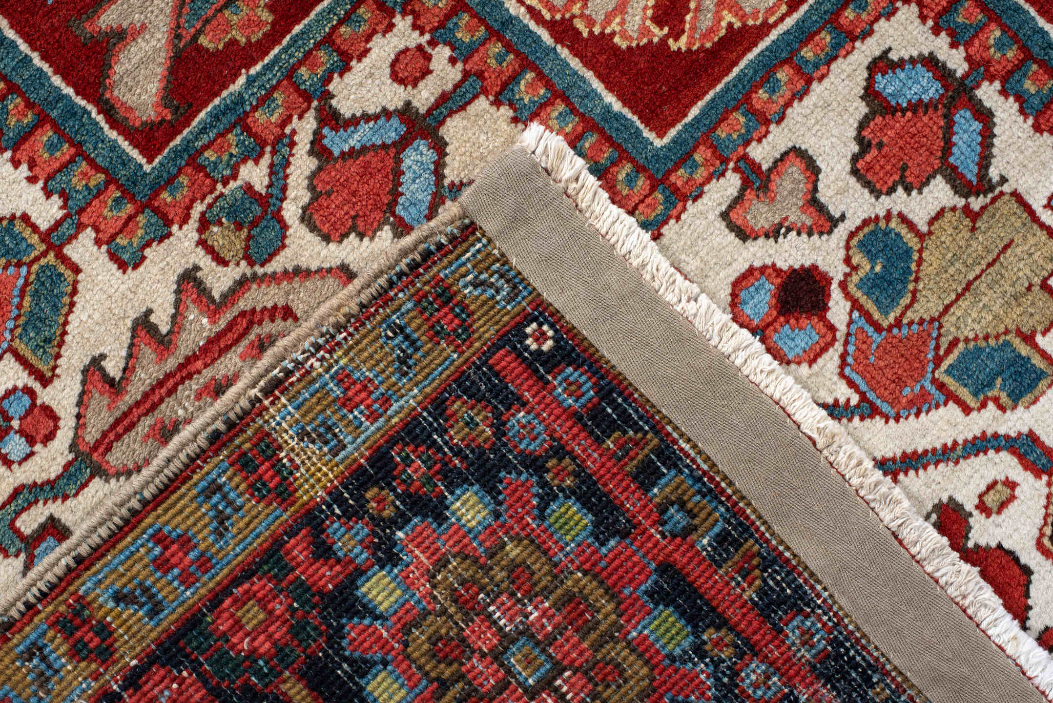 8' x 12' one-of-a-kind handmade vintage Heriz large size rug. Color palette: rust, ivory, navy, sky_blue, coral, sage, camel
