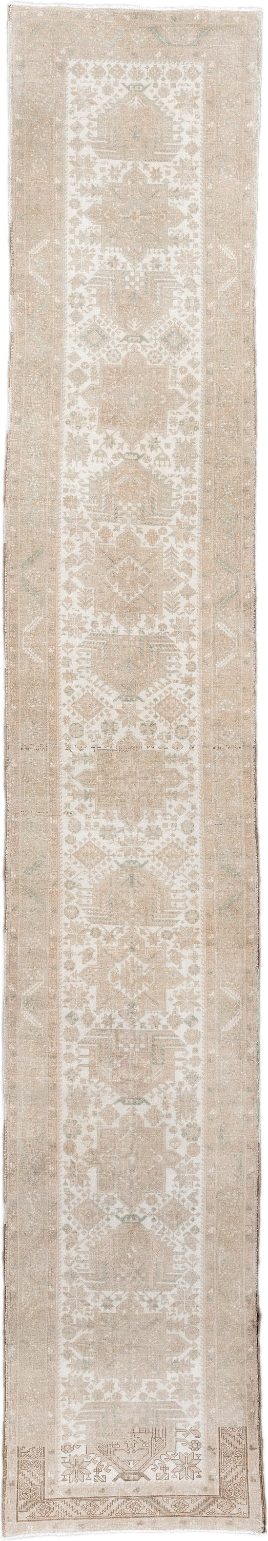 3' x 18' one-of-a-kind handmade vintage Sarab runner rug. Color palette: ivory, beige, taupe, sand, sage, gray, green