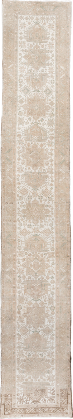 3' x 18' one-of-a-kind handmade vintage Sarab runner rug. Color palette: ivory, beige, taupe, sand, sage, gray, green
