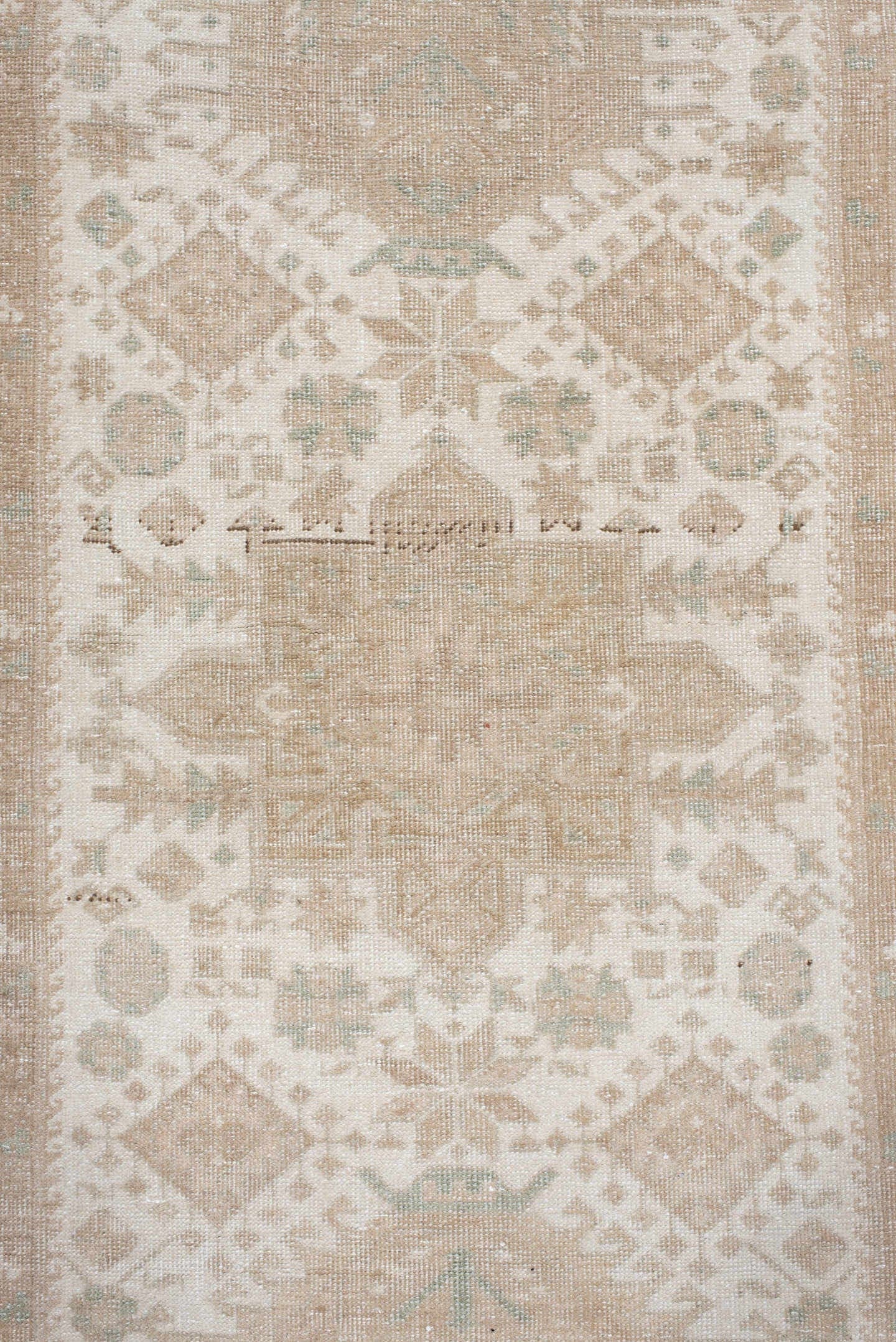 3' x 18' one-of-a-kind handmade vintage Sarab runner rug. Color palette: ivory, beige, taupe, sand, sage, gray, green