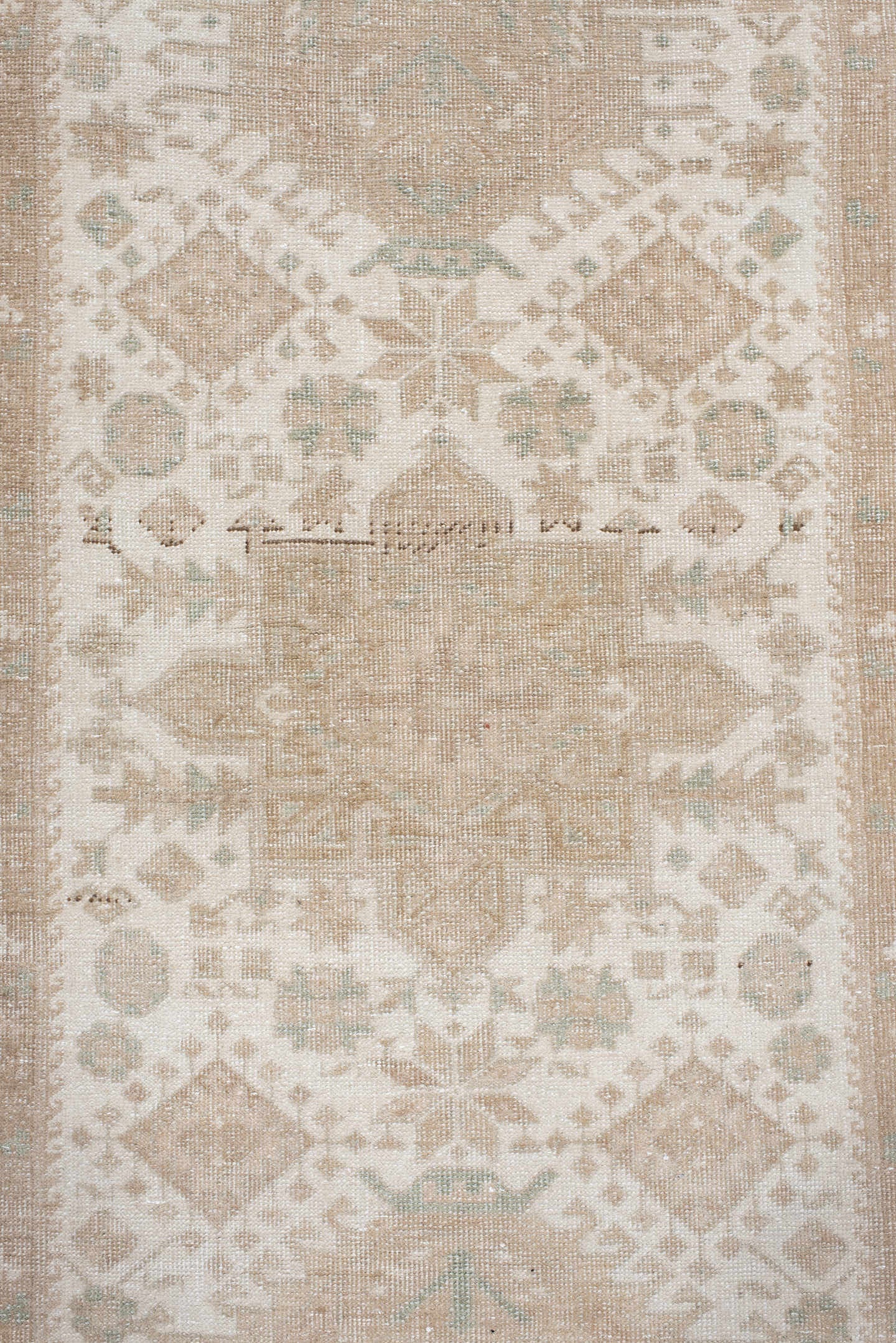 3' x 18' one-of-a-kind handmade vintage Sarab runner rug. Color palette: ivory, beige, taupe, sand, sage, gray, green