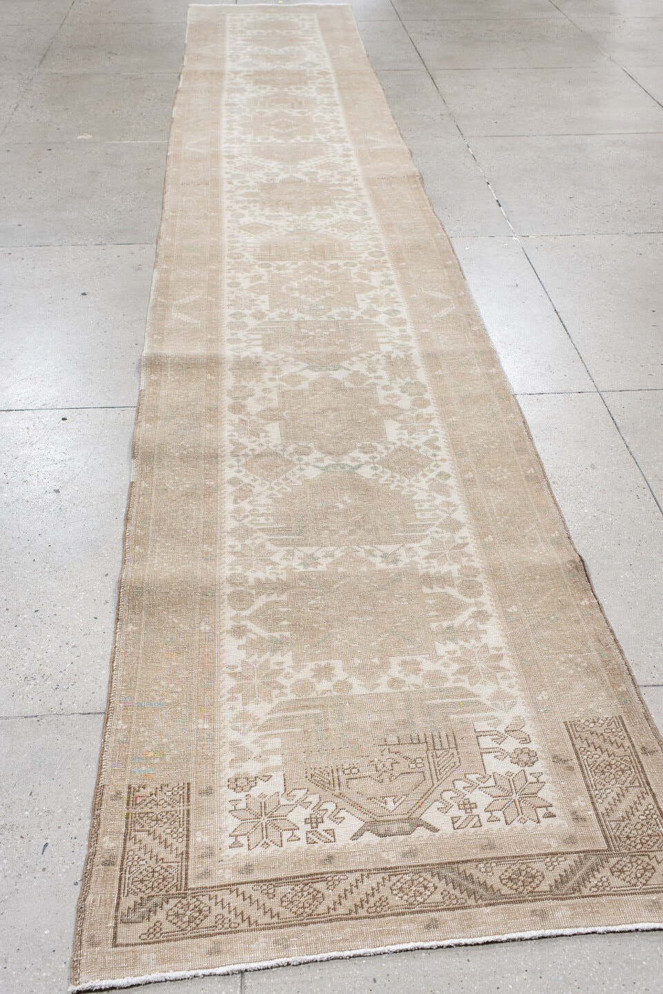 3' x 18' one-of-a-kind handmade vintage Sarab runner rug. Color palette: ivory, beige, taupe, sand, sage, gray, green