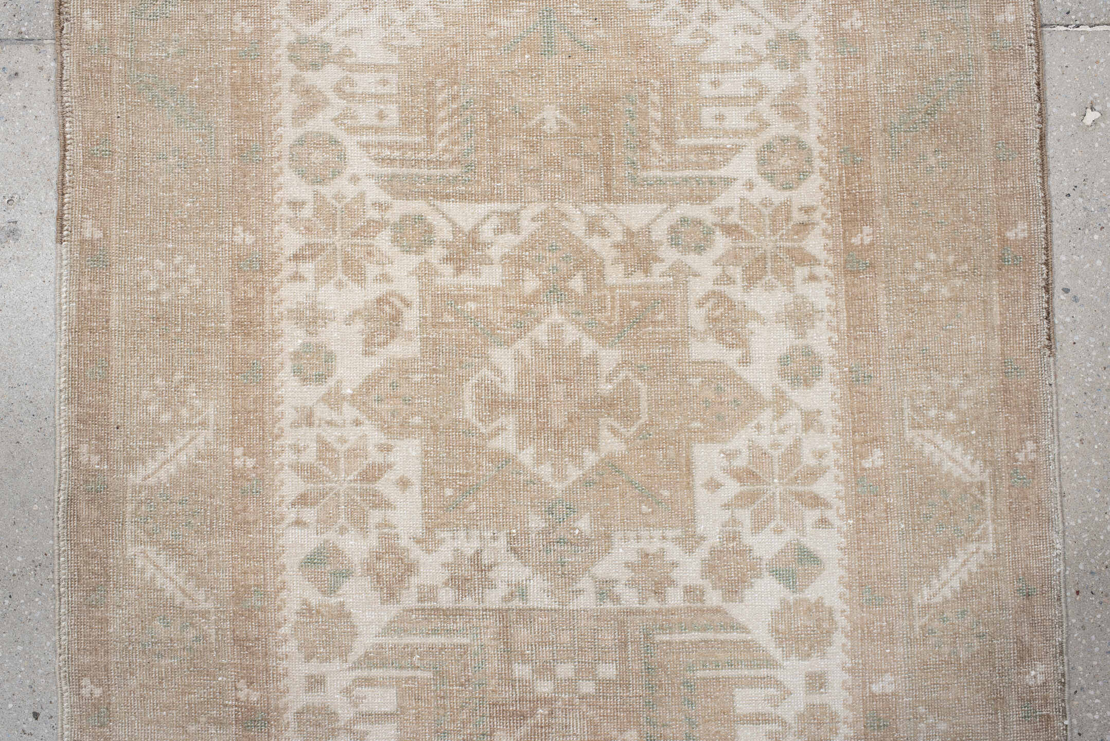 3' x 18' one-of-a-kind handmade vintage Sarab runner rug. Color palette: ivory, beige, taupe, sand, sage, gray, green