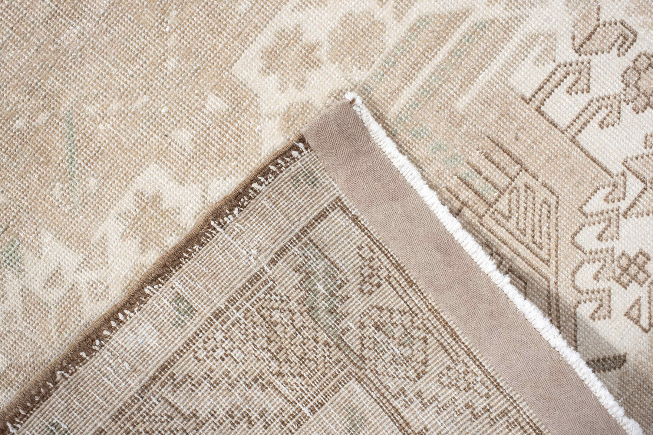 3' x 18' one-of-a-kind handmade vintage Sarab runner rug. Color palette: ivory, beige, taupe, sand, sage, gray, green
