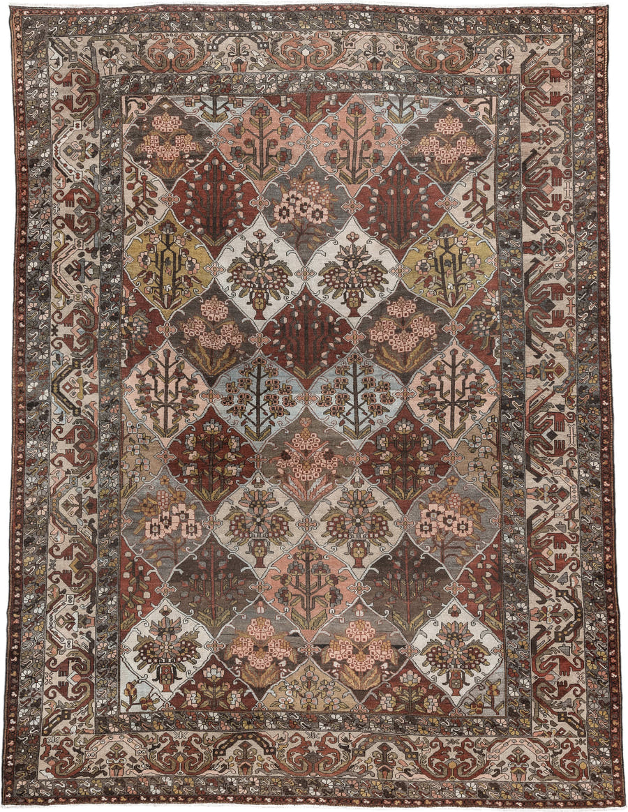 10' x 13' one-of-a-kind handmade vintage Baktiary large size rug. Color palette: taupe, rust, ivory, brown, slate, rose