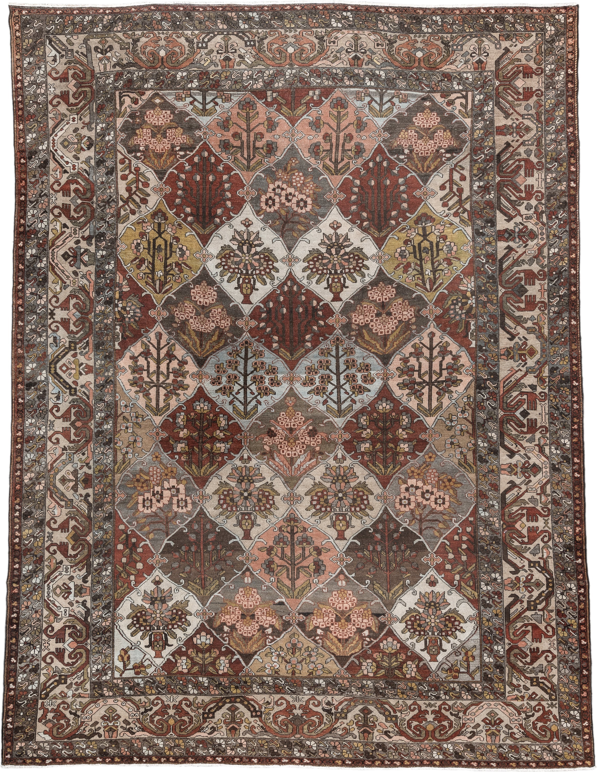 10' x 13' one-of-a-kind handmade vintage Baktiary large size rug. Color palette: taupe, rust, ivory, brown, slate, rose