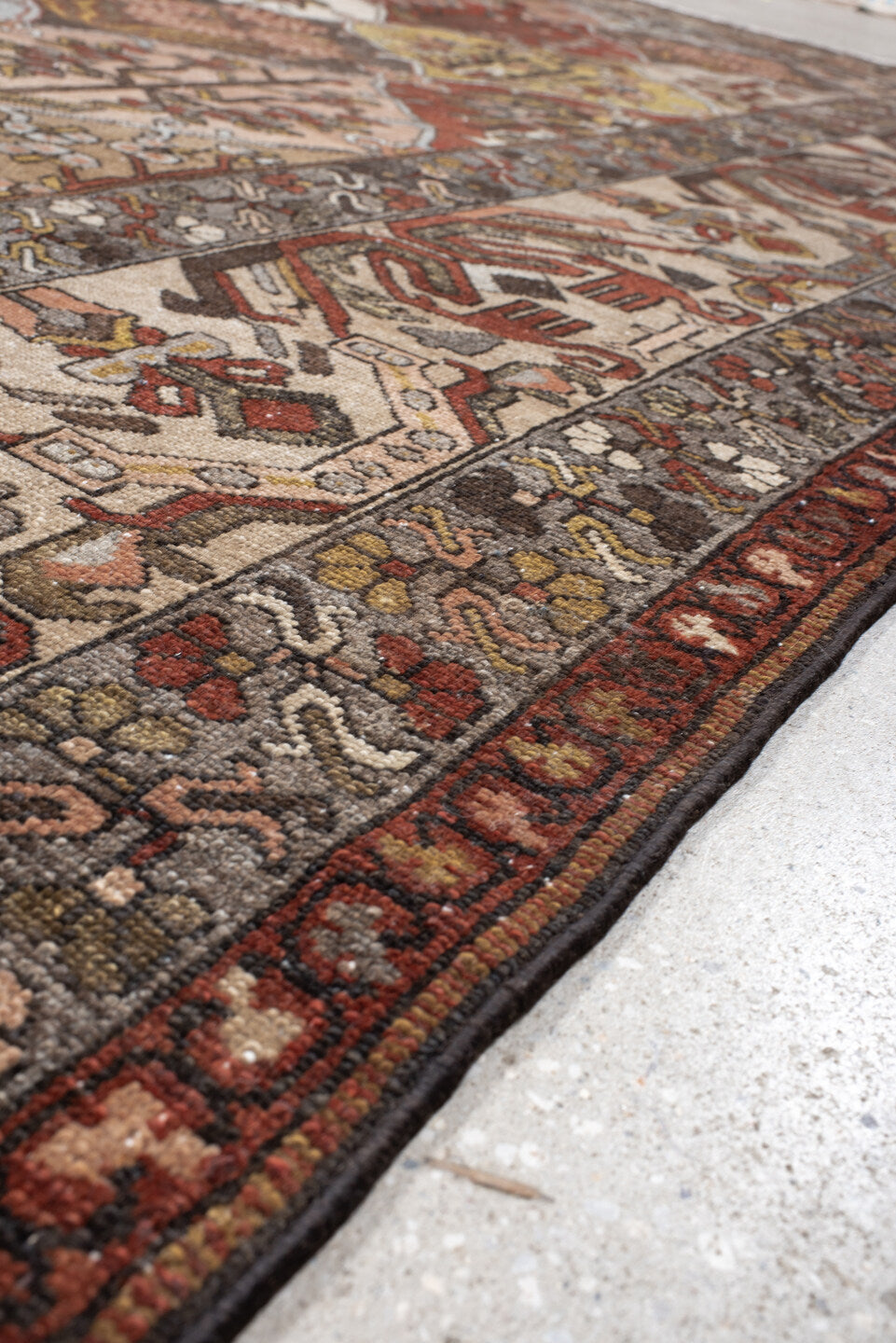 10' x 13' one-of-a-kind handmade vintage Baktiary large size rug. Color palette: brown, gray, light gray, off-white, orange