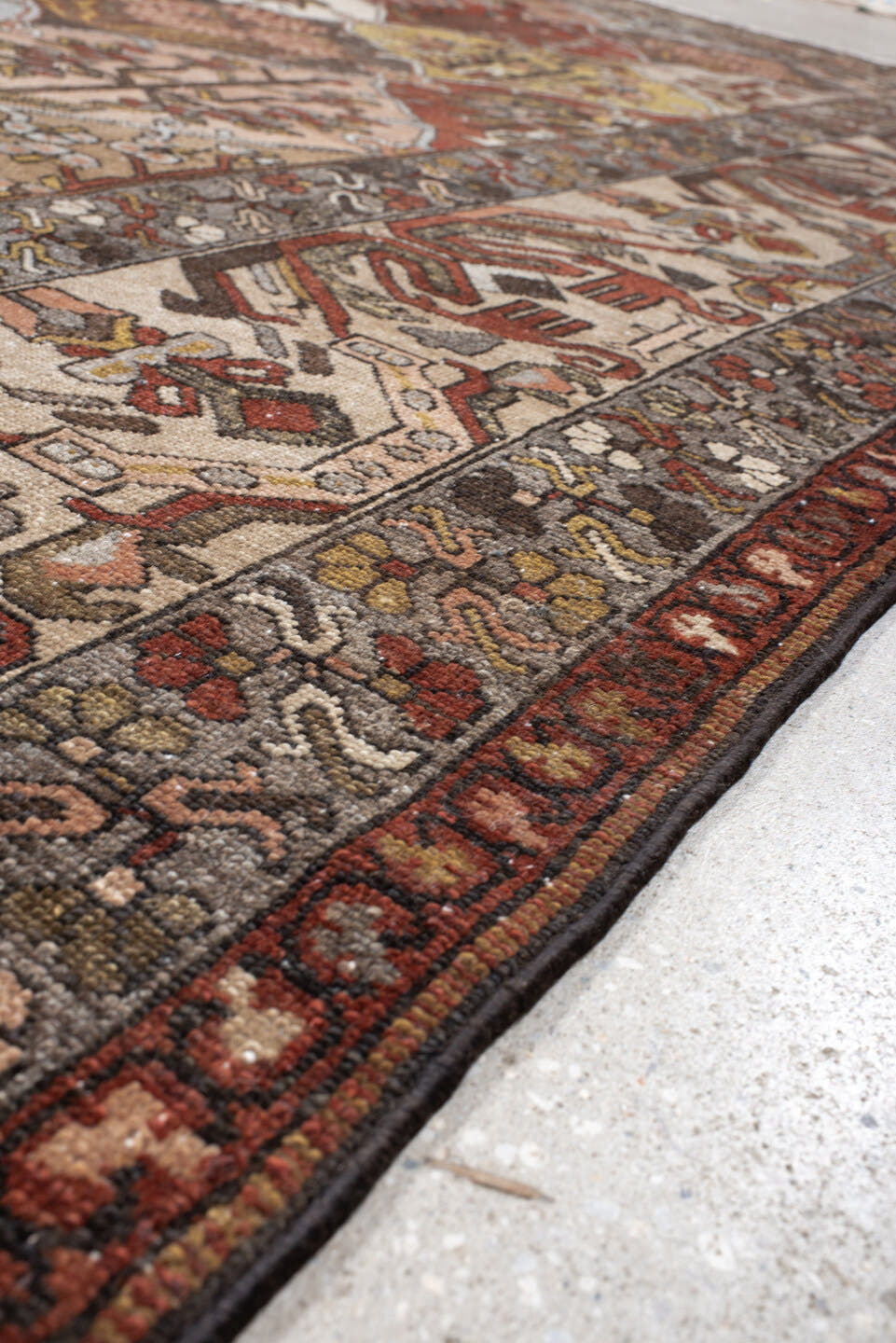 10' x 13' one-of-a-kind handmade vintage Baktiary large size rug. Color palette: taupe, rust, ivory, brown, slate, rose