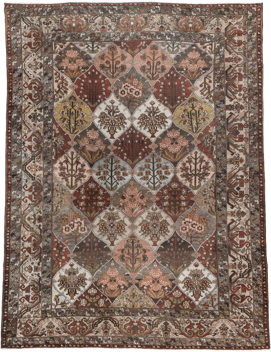 10' x 13' one-of-a-kind handmade vintage Baktiary large size rug. Color palette: taupe, rust, ivory, brown, slate, rose