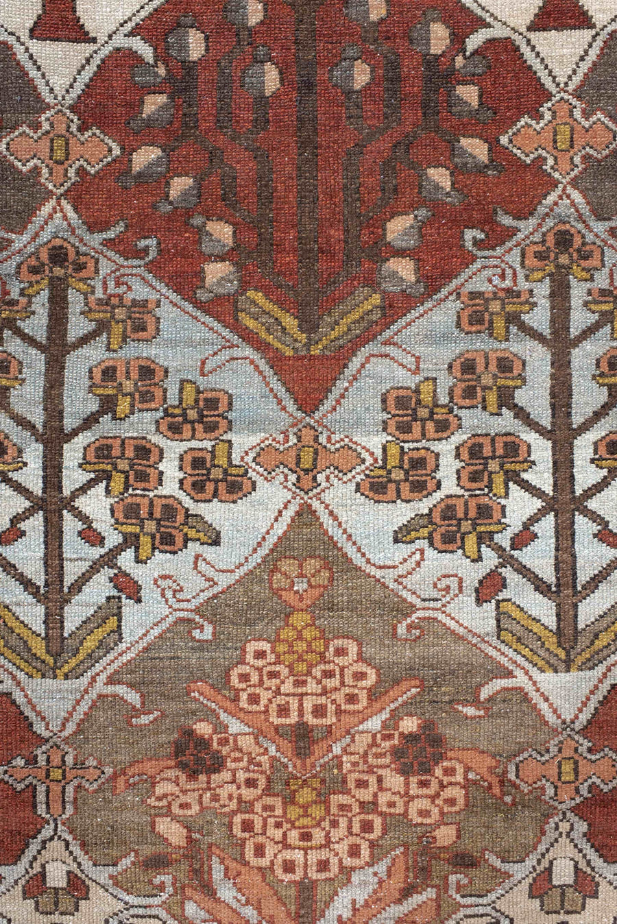 10' x 13' one-of-a-kind handmade vintage Baktiary large size rug. Color palette: taupe, rust, ivory, brown, slate, rose