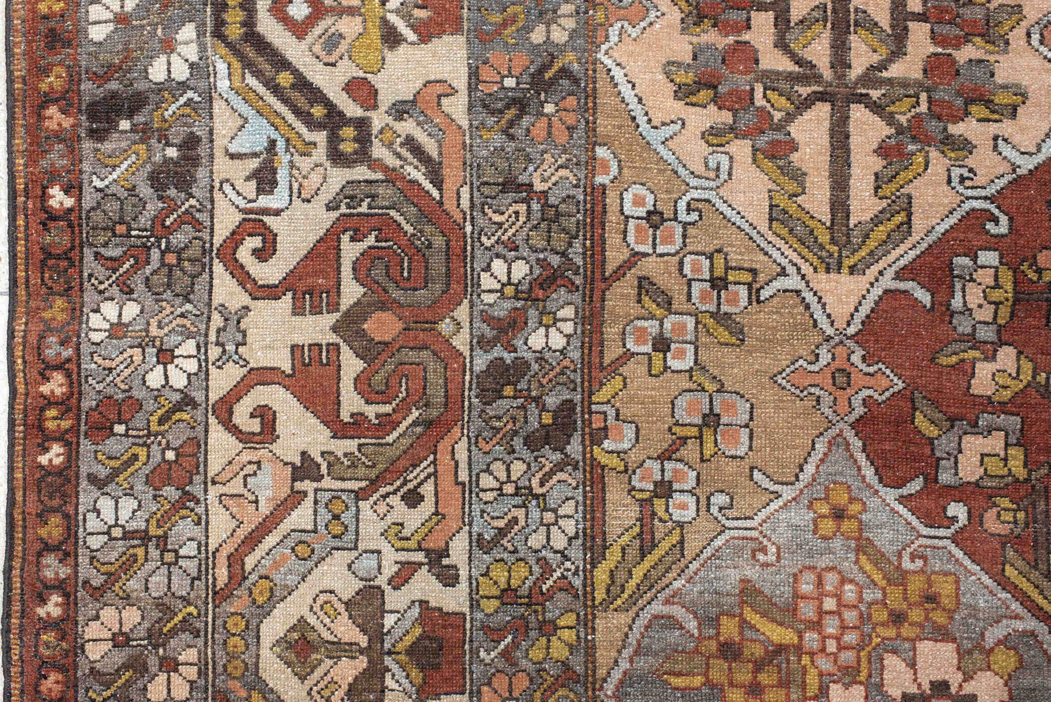 10' x 13' one-of-a-kind handmade vintage Baktiary large size rug. Color palette: taupe, rust, ivory, brown, slate, rose