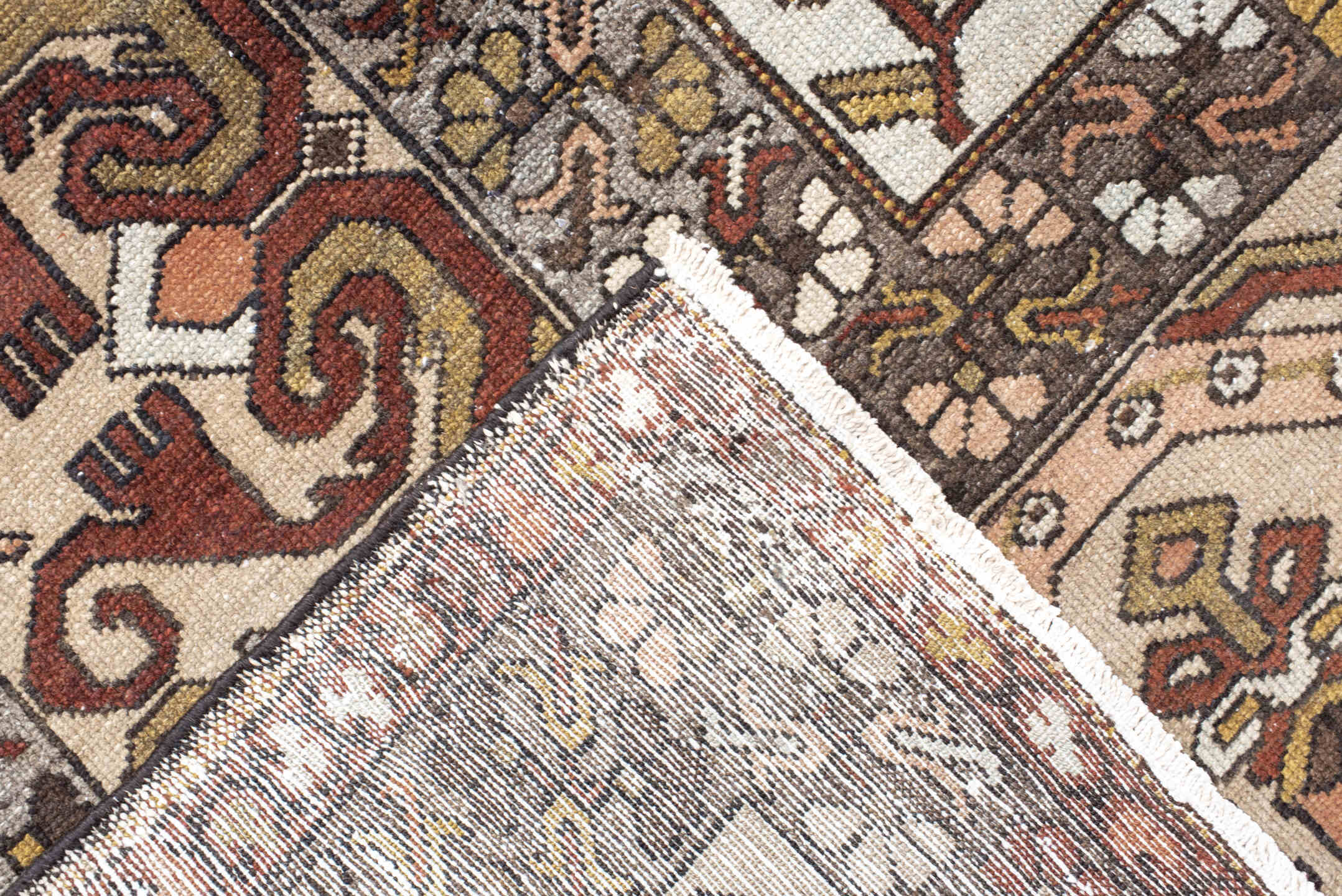 10' x 13' one-of-a-kind handmade vintage Baktiary large size rug. Color palette: taupe, rust, ivory, brown, slate, rose