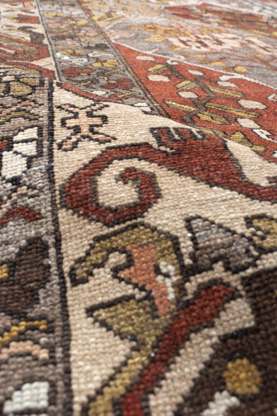 10' x 13' one-of-a-kind handmade vintage Baktiary large size rug. Color palette: taupe, rust, ivory, brown, slate, rose
