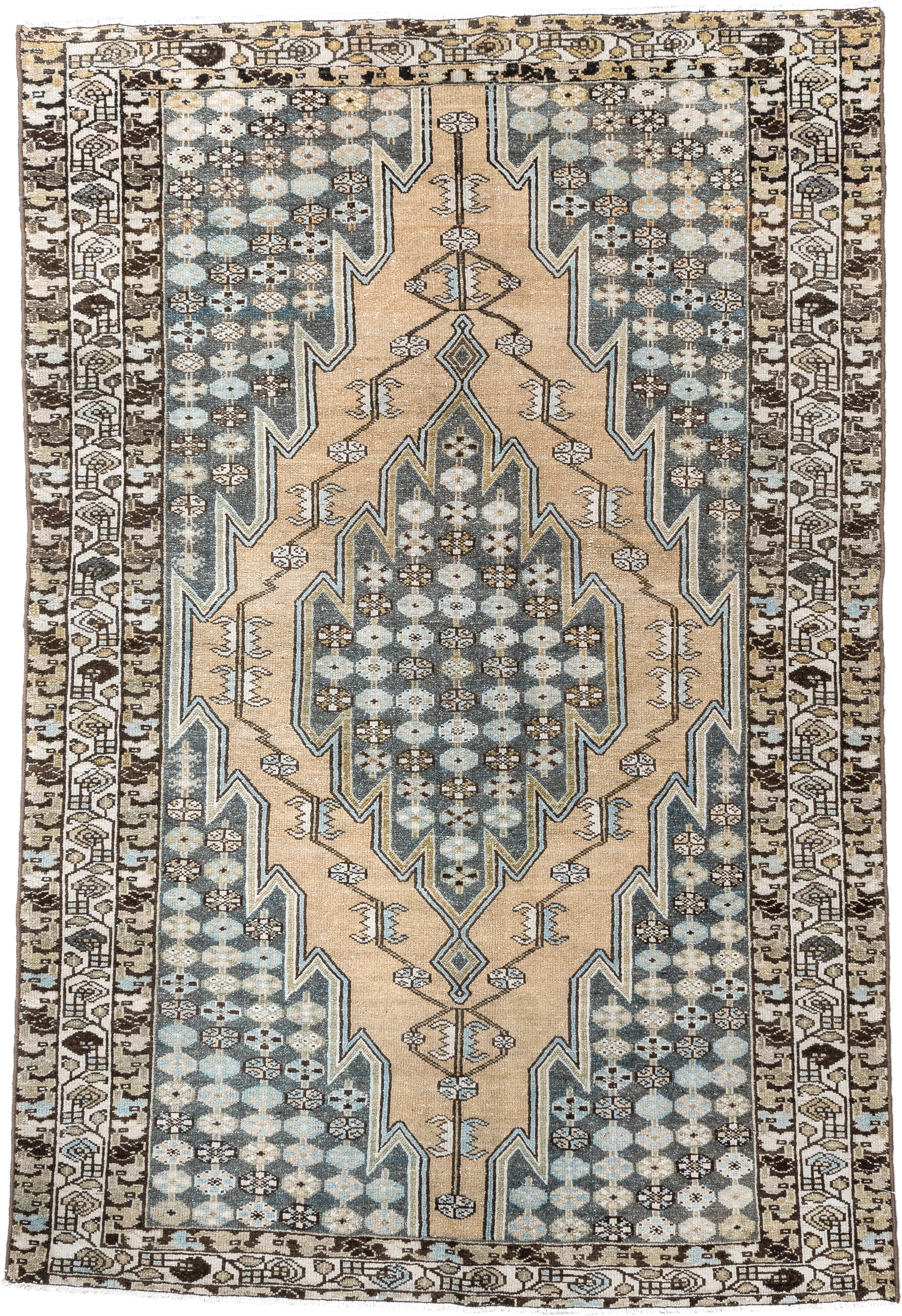 4' x 6' one-of-a-kind handmade vintage Malayer small size rug. Color palette: ivory, slate, sky_blue, brown, charcoal, camel