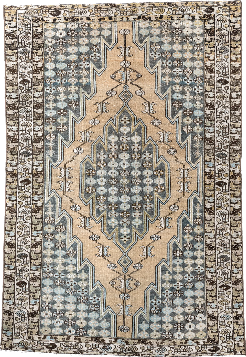 4' x 6' one-of-a-kind handmade vintage Malayer small size rug. Color palette: antiquewhite, bisque, black, blanched almond