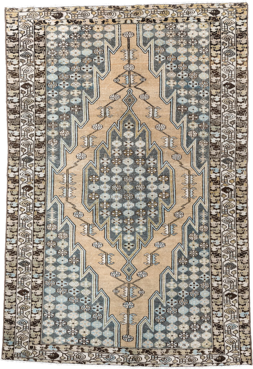 4' x 6' one-of-a-kind handmade vintage Malayer small size rug. Color palette: ivory, slate, sky_blue, brown, charcoal, camel