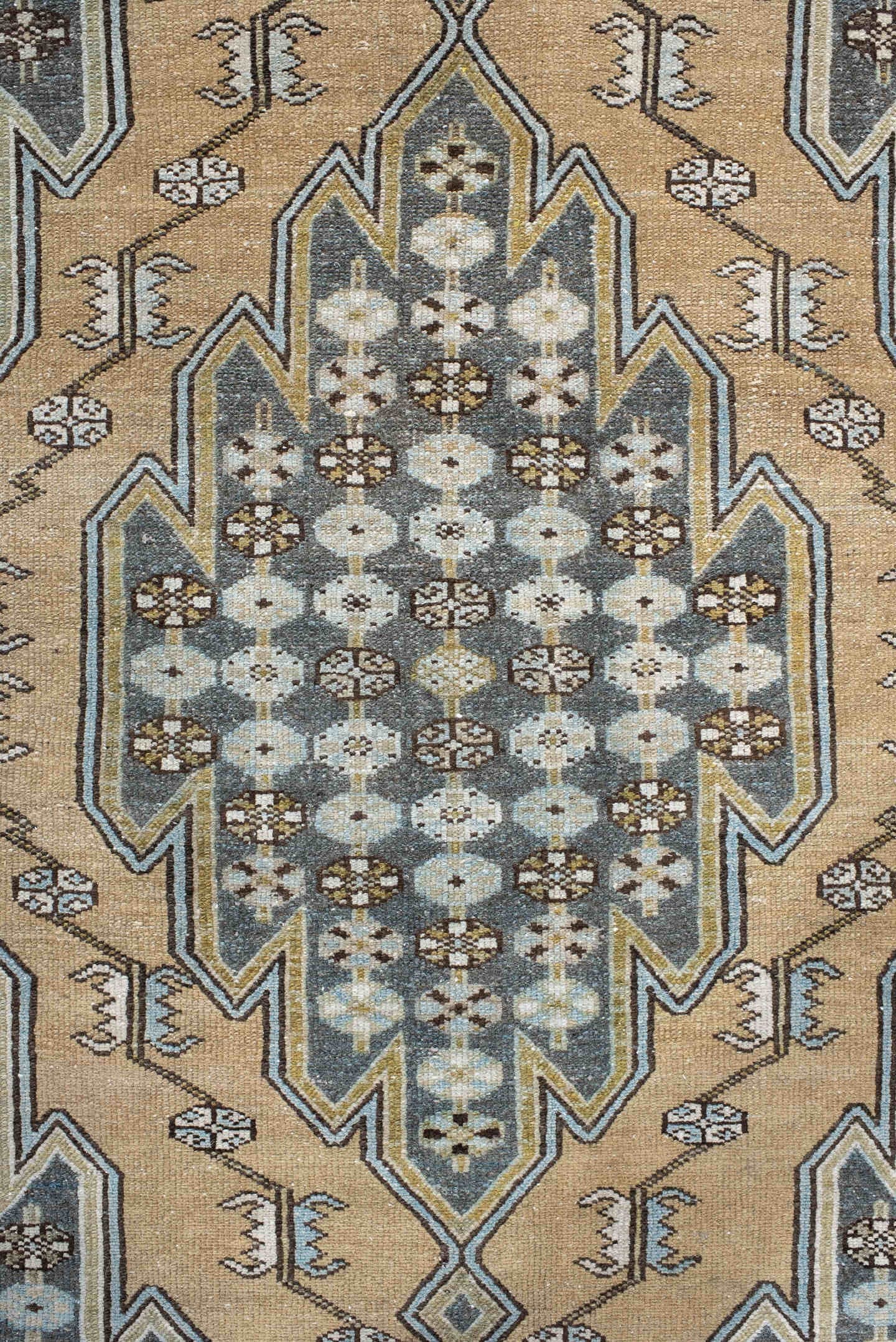 4' x 6' one-of-a-kind handmade vintage Malayer small size rug. Color palette: ivory, slate, sky_blue, brown, charcoal, camel