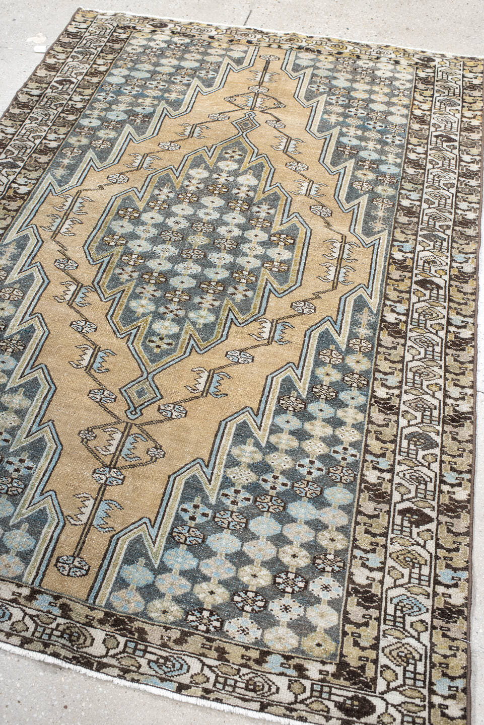 4' x 6' one-of-a-kind handmade vintage Malayer small size rug. Color palette: ivory, slate, sky_blue, brown, charcoal, camel
