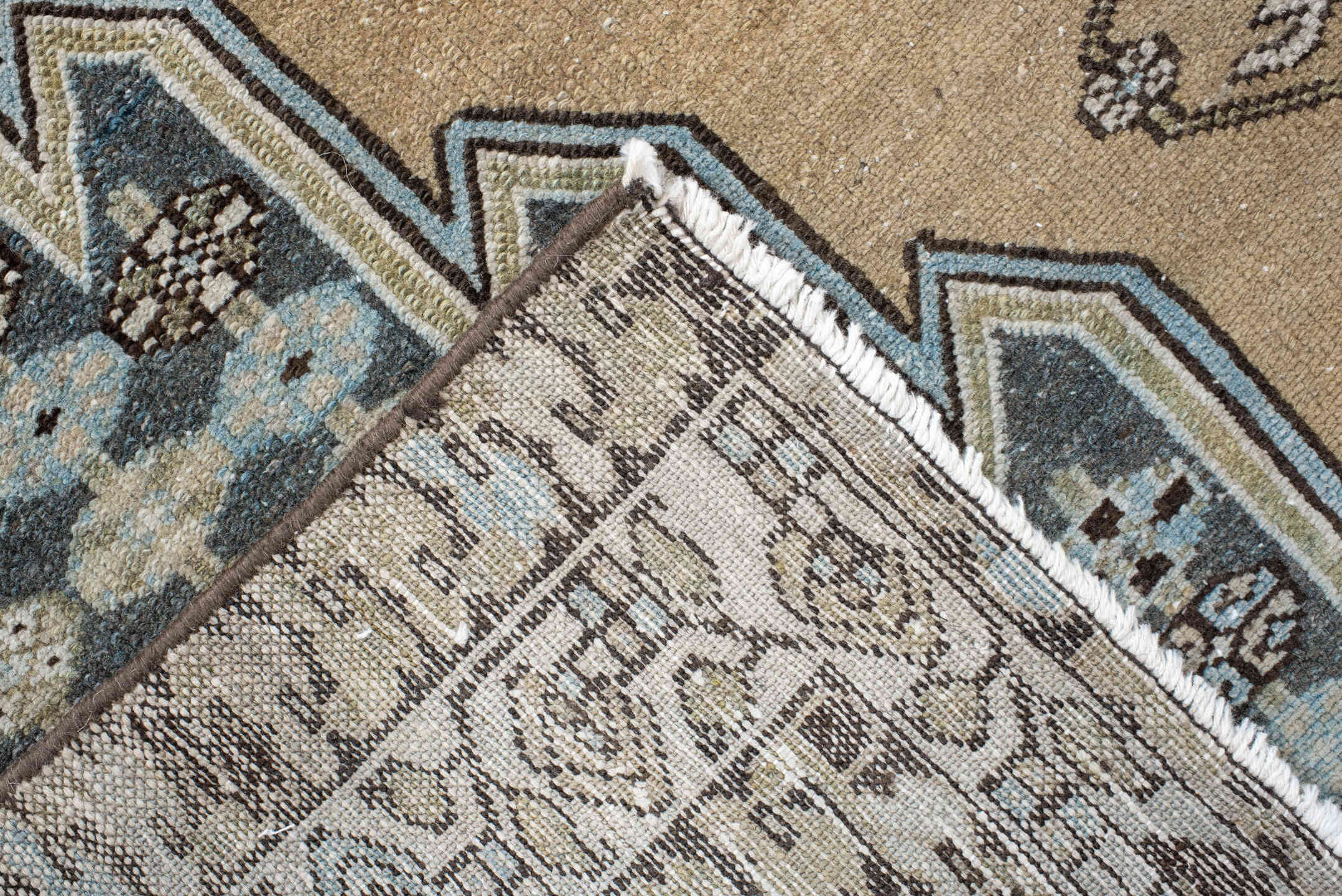 4' x 6' one-of-a-kind handmade vintage Malayer small size rug. Color palette: ivory, slate, sky_blue, brown, charcoal, camel