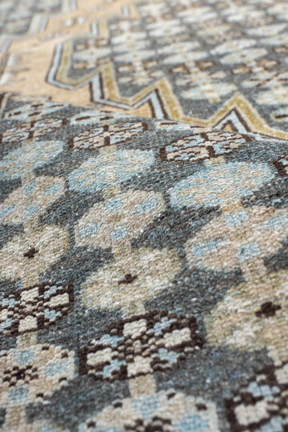 4' x 6' one-of-a-kind handmade vintage Malayer small size rug. Color palette: ivory, slate, sky_blue, brown, charcoal, camel