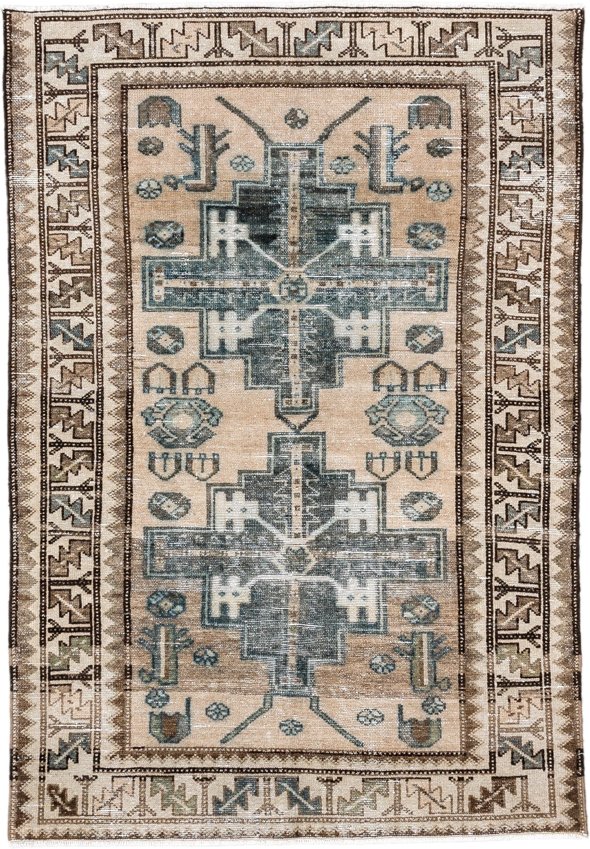 3' x 4' one-of-a-kind handmade antique Malayer small size rug. Color palette: ivory, taupe, brown, teal, slate, camel, beige