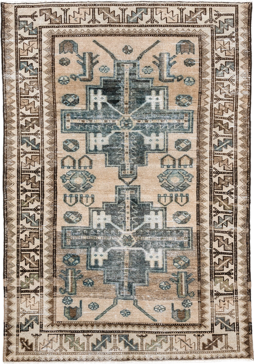 3' x 4' one-of-a-kind handmade antique Malayer small size rug. Color palette: ivory, taupe, brown, teal, slate, camel, beige