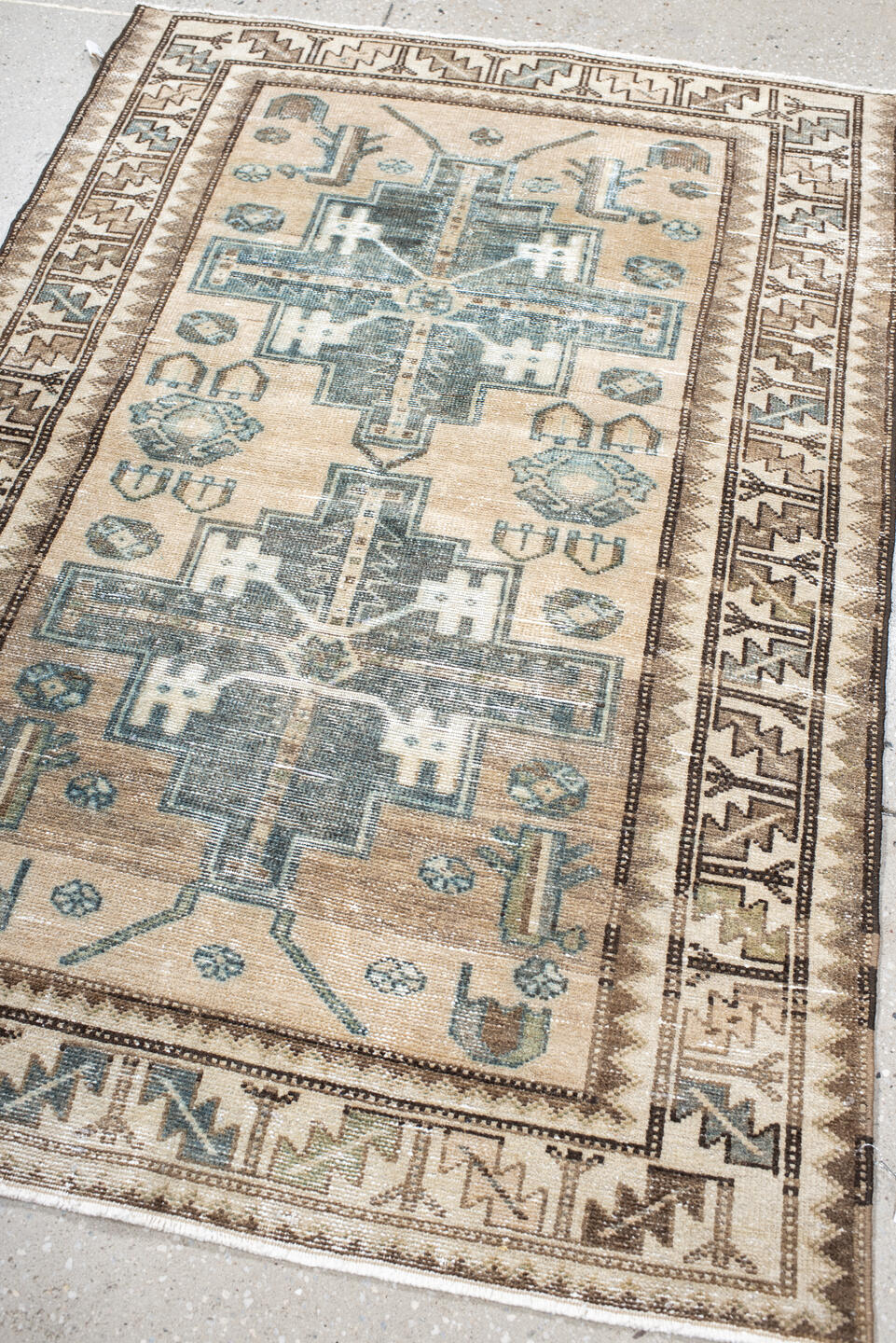 3' x 4' one-of-a-kind handmade antique Malayer small size rug. Color palette: ivory, taupe, brown, teal, slate, camel, beige